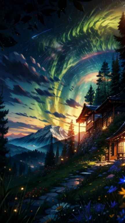 Gorgeous, Masterpiece, Best quality, landscape, A high resolution,4K, the wallpaper, Tracking lights, Mountains, Intricate, Detailed, Inside the interrupt, camp, florest, casa, magical, magic, No_Humanity, Hut, Flowers, Busy, roleplaying, lord of the ring, cozy calm,Peaceful, stunning view