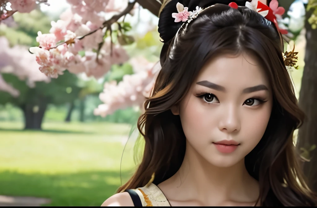 1girl, Generate a beautiful Geisha looking directly at the camera with a (loving, seductive) gaze. She stands tall surrounded by sakura blossoms covering the trees in the background