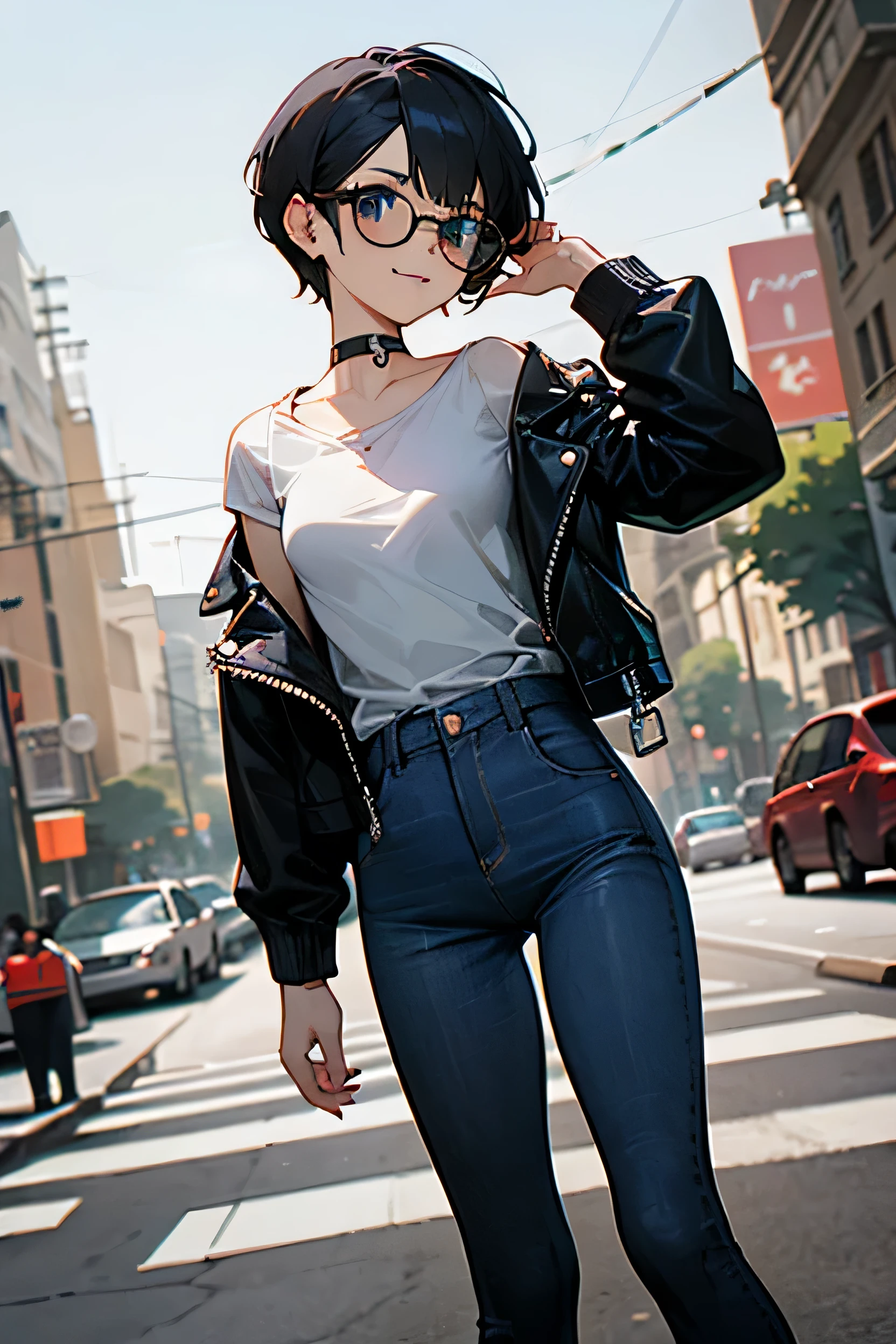 girl, ((light blue short hairstyle)), ((aviator sunglasses)), (Tomboy), big smile, Street Banditwear, leather jacket, white t-shirt, small breasts, black leather jacket, jeans pants, spike choker, earrings, urban background, lowered the glasses, Livable 2D, flat art, attractive figure