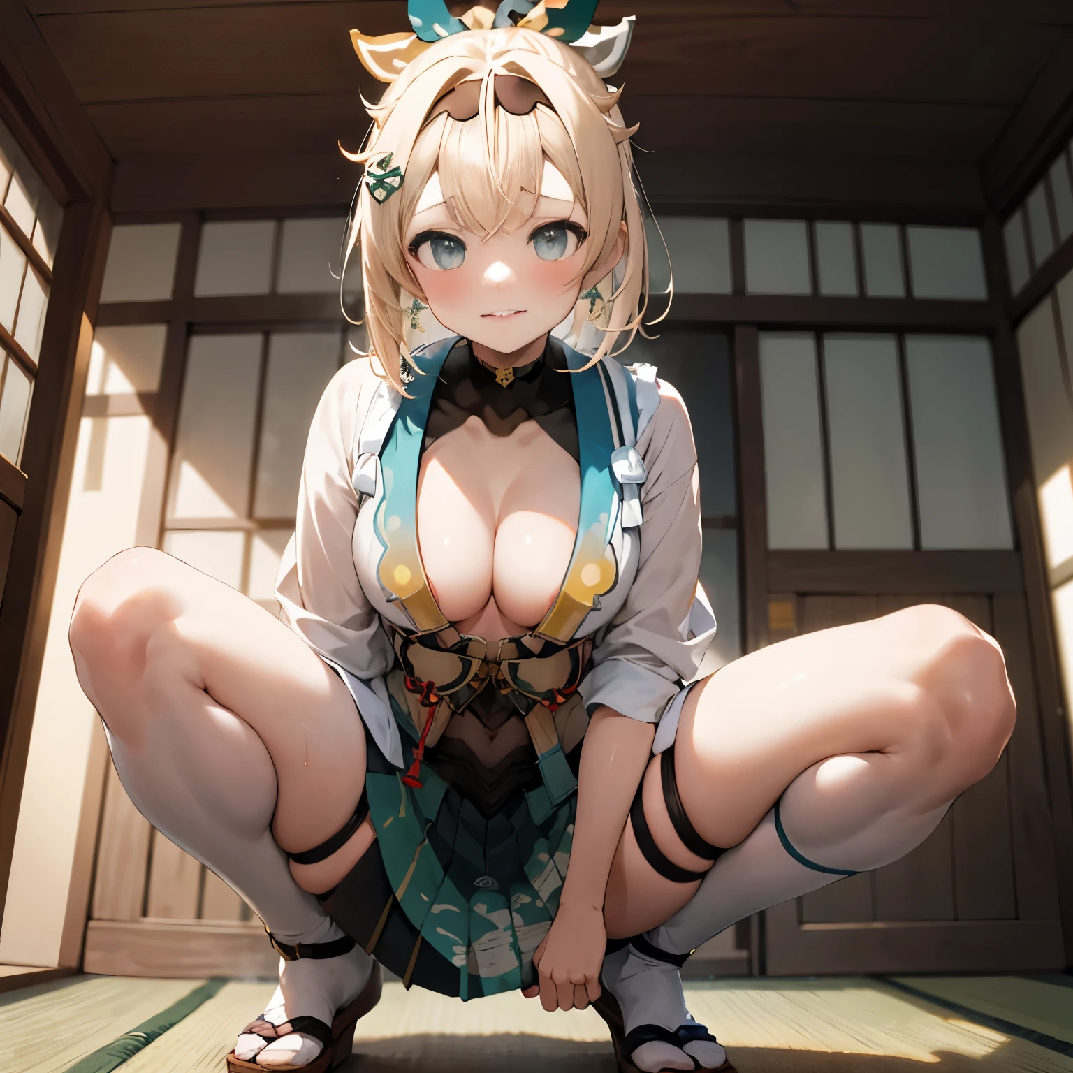 NSFW,KazamaIroha,IrohaBase,hair ornaments,headband,exposed,Haori,hidden belly button,black gloves,pleated skirt,green skirt,white stockings,cleavage,1 girl,Japanese style room,masterpiece,highest quality,High resolution,anatomically correct,squatting down with legs apart