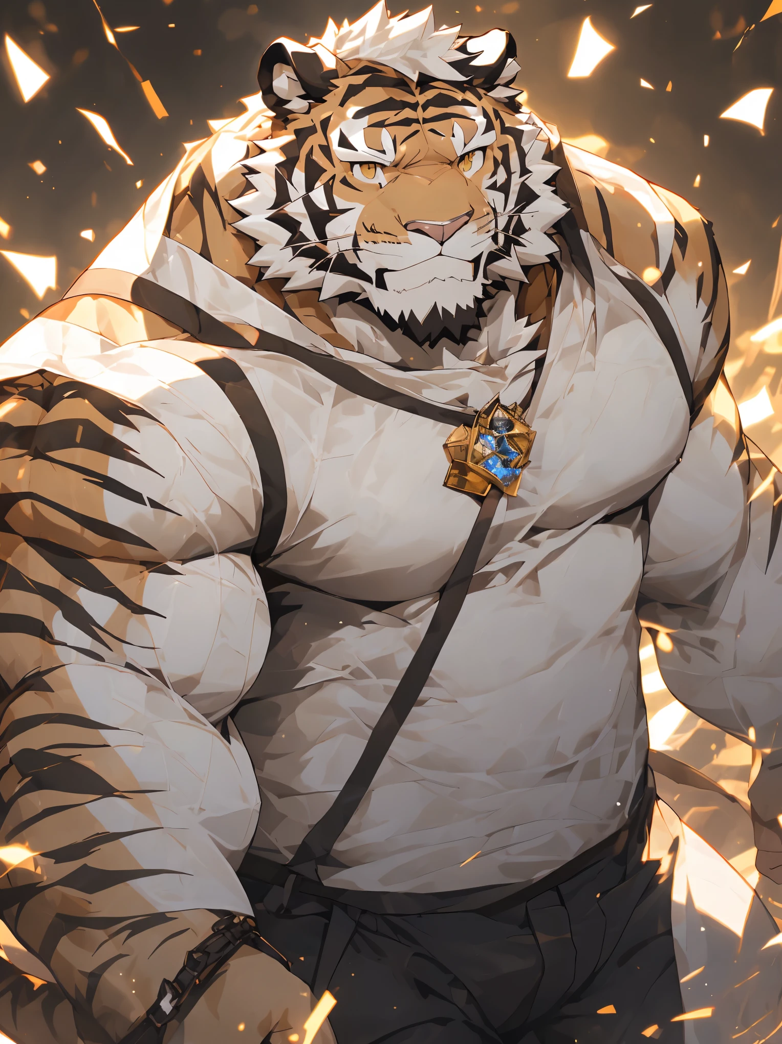 （masterpiece），（Very detailed），（best quality），hairy，white fur，white头发，golden pupil muscles，(((white)))，((Semi-naked 1.3))，((convex))，(Jump to camera 1.4)，8k，（（high quality）），（white tiger），Strong body，（white毛发），black strips