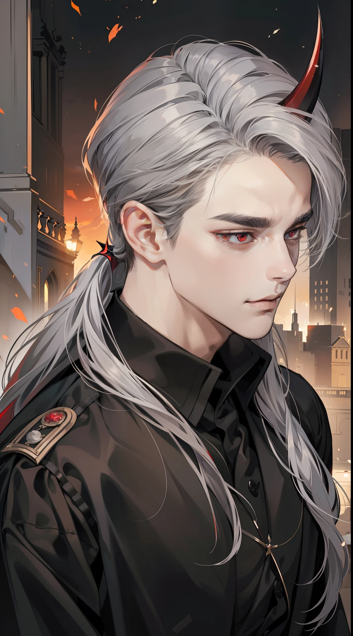 masterpiece, best quality, actual, 1 person, mature male, Quiet and charming young man, 25 years old, giggle, Keep your mouth shut, portrait, extremely detailed face, cold and serious face, ((long, straight hair)), ((dark red eyes)), ((Sweep away gray hair)), [thick eyebrows], Dark Palace, ((All black clothes)), Look to the right, devil horns