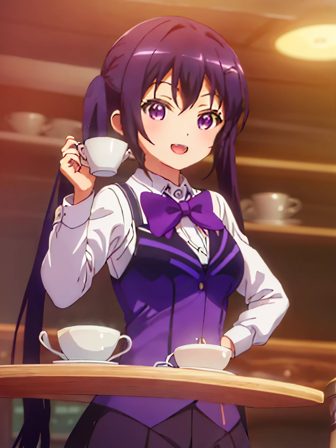 ((((ultra illustrated style:1.0)))),best quality,best animated,masterpiece,,ray tracing, global illumination,1girl, solo,upper body, looking at viewer,cafe, twintails,open mouth,rabbit house uniform,smile, collared shirt, shirt, white shirt, purple vest, purple bow, bow, vest, hair ornament, hairclip, long sleeves, purple bowtie, bowtie, wing collar, buttons, Holding a cup of coffee in hand,