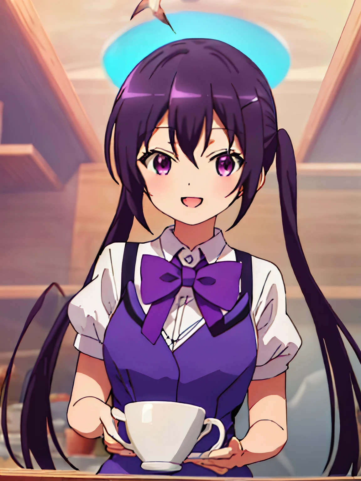 ((((ultra illustrated style:1.0)))),best quality,best animated,masterpiece,,ray tracing, global illumination,1girl, solo,upper body, looking at viewer,cafe, twintails,open mouth,rabbit house uniform,smile, collared shirt, shirt, white shirt, purple vest, purple bow, bow, vest, hair ornament, hairclip, long sleeves, purple bowtie, bowtie, wing collar, buttons, Holding a cup of coffee in hand,