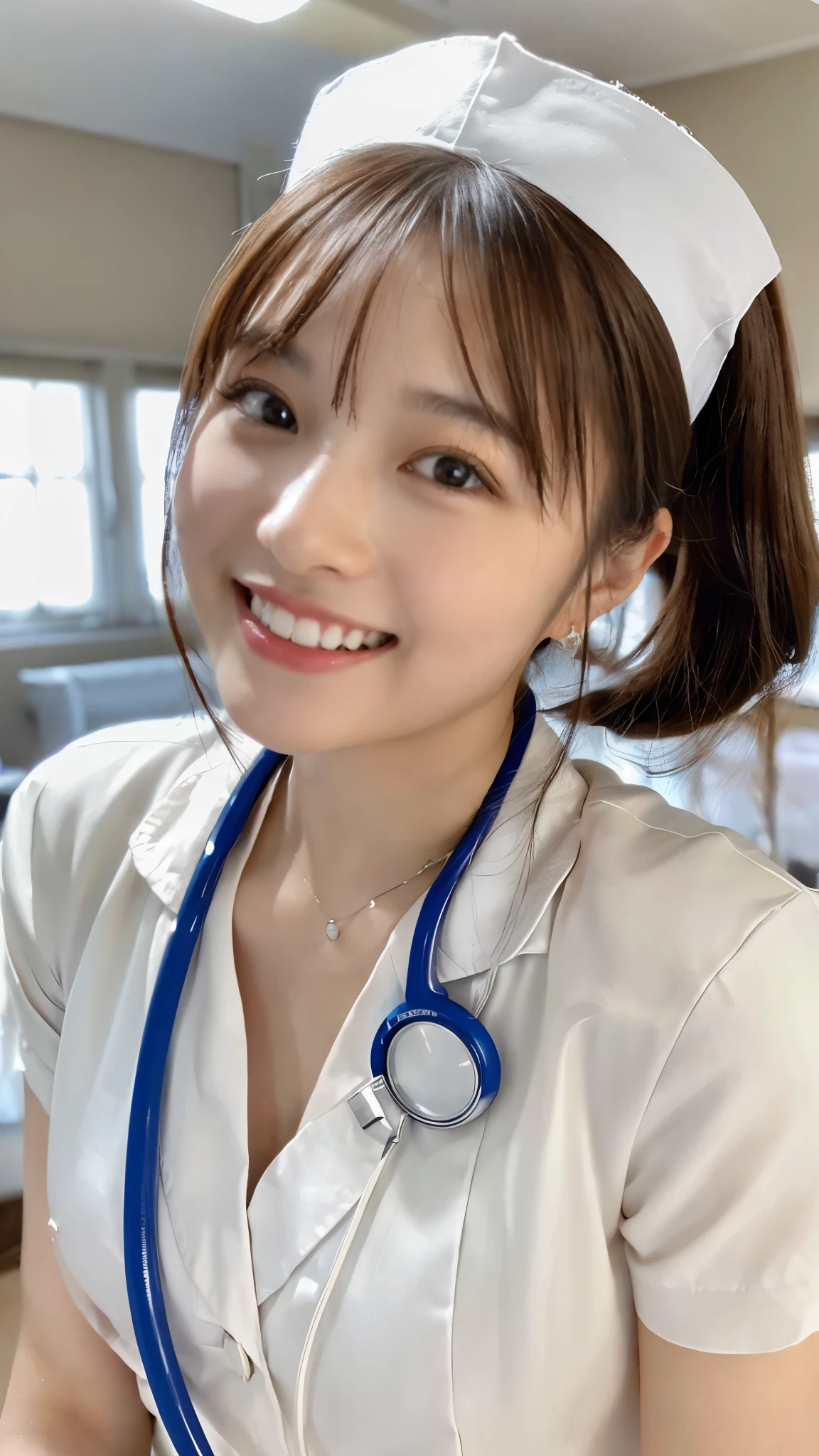 ((1 nurse,white nurse uniform、Crouching and looking up、Basic Nurse Cap,All white,short white tight skirt,Photograph seen from directly above,Take a photo from above,smileで私を見てください,looking at camera,look at the camera,Treatment room in a hospital room, Take photos from up close to her)),very detailed顔、wear a stethoscope around your neck,double eyelid、white and clean teeth,brown eyes,chest enhancement,emphasize body line,smile at me lovingly、gentle expression、beautiful lips,Detailed depiction of the background of the hospital room,perfect lighting、Award-winning work,table top,Natural light,natural soft light)),((looking at camera,smile,white teeth,A big smile,カメラを見つめるA big smile),((High-definition RAW color photo, professional photos, very delicate and beautiful, very detailed,finely, huge file size,best image quality,8k,Photo taken with a single-lens reflex camera、extreme intricate detail, 120k, ultra hd, masterpiece))