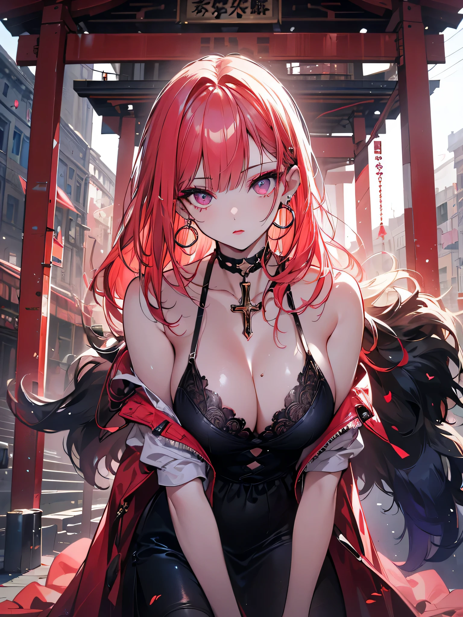The middle of a journey,(((Super detailed, 8K quality))),,hair above one eye, red eyes, clear eyes, choker, open jacket,anime style, movie portrait photography, 1 female, 22 years ago,椅子にsit、cross your legs、blue eye background, big and full breasts, anger, (scarlet hair), long hair, purple eyes, wearing a short black dress, (natural skin texture vivid details, surreal, (realistic detailed eyes, natural skin texture, realistic facial details), Depth of written boundary, Bokeh, vivid details, surreal, 35mm movie, hazy blur, ,lipstick, ear piercing, eye shadow, hoop earrings, red pink lips, 多色のred eyes, purple theme,Wear an iridescent aura,beautiful eyes,stand in front of the red gate、leaning forward,hanging bangs,sit,sunglasseain colors are white and purple