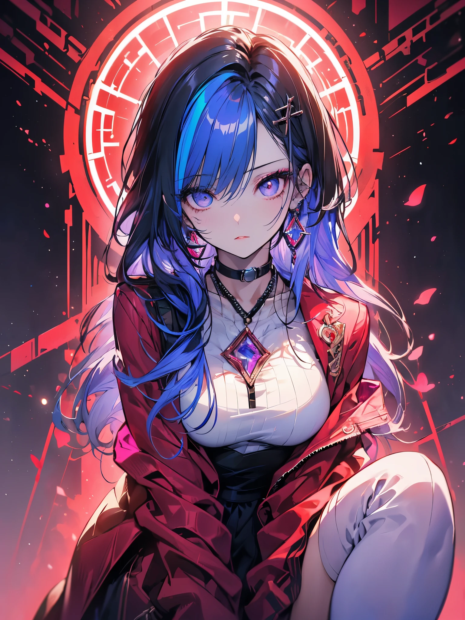 midjourney,(((Super detailed, 8K quality))),,hair above one eye, red eyes, clear eyes, choker, open jacket,anime style, Movie Portrait Photography, 1 female, 22 years ago,椅子にsit、cross your legs、blue eye background, big and full breasts, anger, (scarlet hair), long hair, purple eyes, wearing a short black dress, (natural skin texture vivid details, surreal, (realistic detailed eyes, natural skin texture, realistic facial details), Depth of written boundary, Bokeh, vivid details, surreal, 35mm movie, hazy blur, ,lipstick, ear piercing, eye shadow, hoop earrings, red pink lips, 多色のred eyes, purple theme,Wear an iridescent aura,beautiful eyes,stand in front of the red gate、leaning forward,hanging bangs,sit,sunglasses、White and purple are the main colors