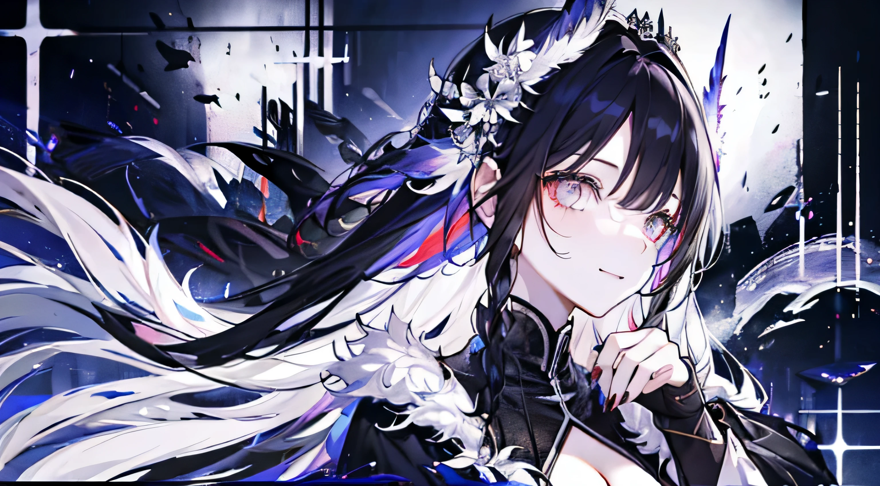((masterpiece:1.4,highest quality))+,(hyper detail)+,(highly detailed eyes)+,(winged ears:1.5),
(cute girls),15 years old,(golden red student:1.15),Long jet-black hair,long braids,bushy hair(wariza:1.2),white skin,Seduce a smile,black crystal block,black horn,empty eyes,red eye pattern on forehead
(she is wearing a shabby black robe,gray dress,Bone pattern,:1.5),(black bracelet:1.4)unusually long sleeves,black spike headdress,Baiyun,white colossus,dream bubbles,black nails,red apple,Turn your back on everyone,tear pattern,Metal Chain,White skeleton
(bird feathers:1.1),
(dawn light:1.2),
(dark black and white:1.16),(written boundary depth:1.4),intricate detail color,Detailed route,wonderful,Super detailed,The content is very detailed,(high contrast:1.11),Wind,amazing cleavage,beautiful eyes,messy hair,(shine the brightest,very delicate and beautiful), ((movie lighting lighting)), (seen from the side:1.3),8k,masterpiece,highest quality,movie stills,1 plump girl,(close up of cleavage:1.1),bright,interesting,gentle soft lighting,(bauhaus,shape,line engineering,abstract:1.1)official art, unity 8k wallpaper, Super detaileded, beautiful and beautiful, masterpiece, highest quality, (dynamic angle:1.4),Perfect NwsjMajic,(masterpiece,highest quality,highest quality,official art,cosmetology and aesthetics:1.2),The content is very detailed,rich colorful,best details,