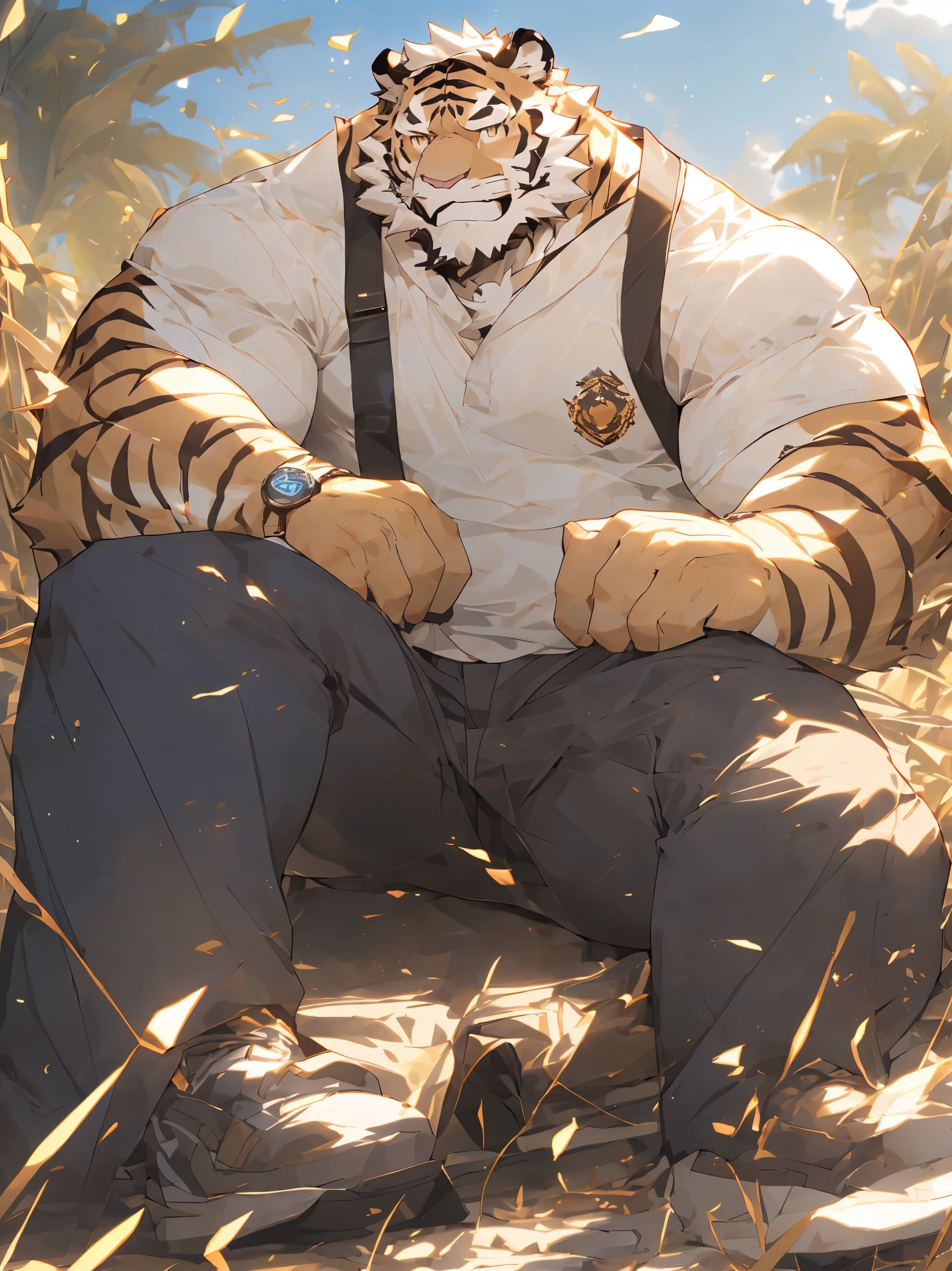 {{bara extremely handsome white tiger,}} {{white fur,}} white, wearing military like purple trench coat, purple trousers, white dress shirt and necktie, white fluffy furry body and limbs, loafers, very tall, very broad shoulders, narrow waist, muscular arms, massive pecs, purple eyes, very long legs, sitting on swivel chair with legs spread, from below perspective, massive bulge, sophisticated hot look, sexy pose, full body, sunlight casting over, 3/4 view, best quality, high quality, silver earring on left ear, sultry smirk