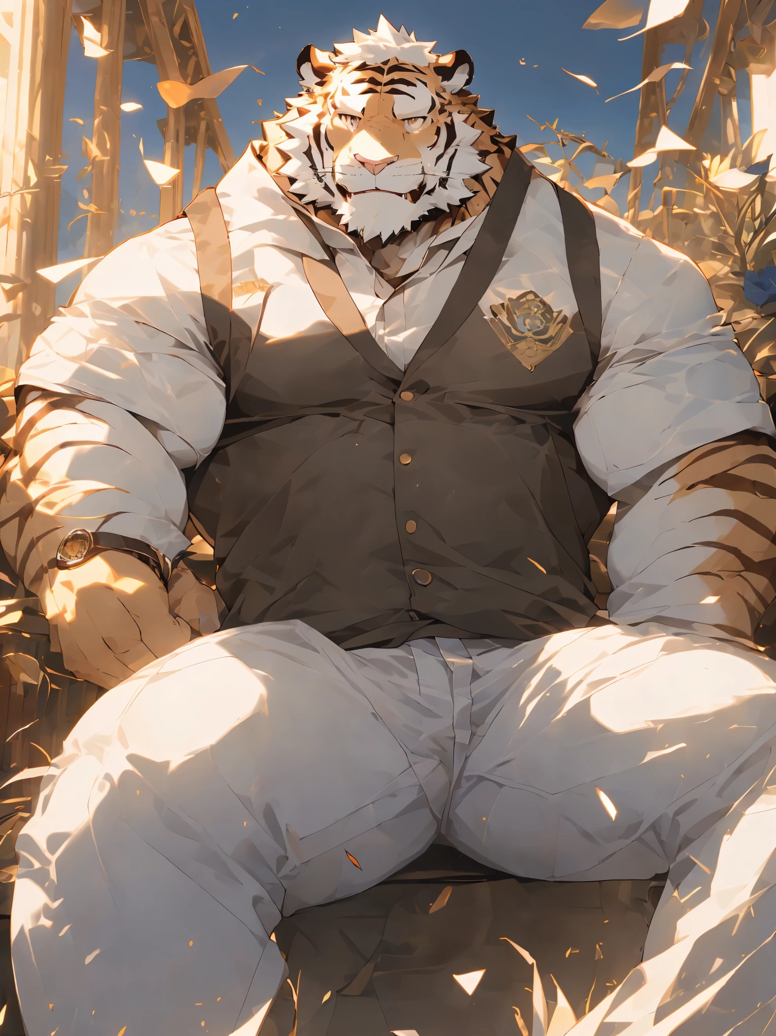 （masterpiece），（Very detailed），（best quality），hairy，white fur，white头发，golden pupil muscles，(((white)))，((Wear casual clothes))，((convex))，(Jump to camera 1.4)，8k，（（high quality）），（albino bengal tiger），Strong body，（white毛发）