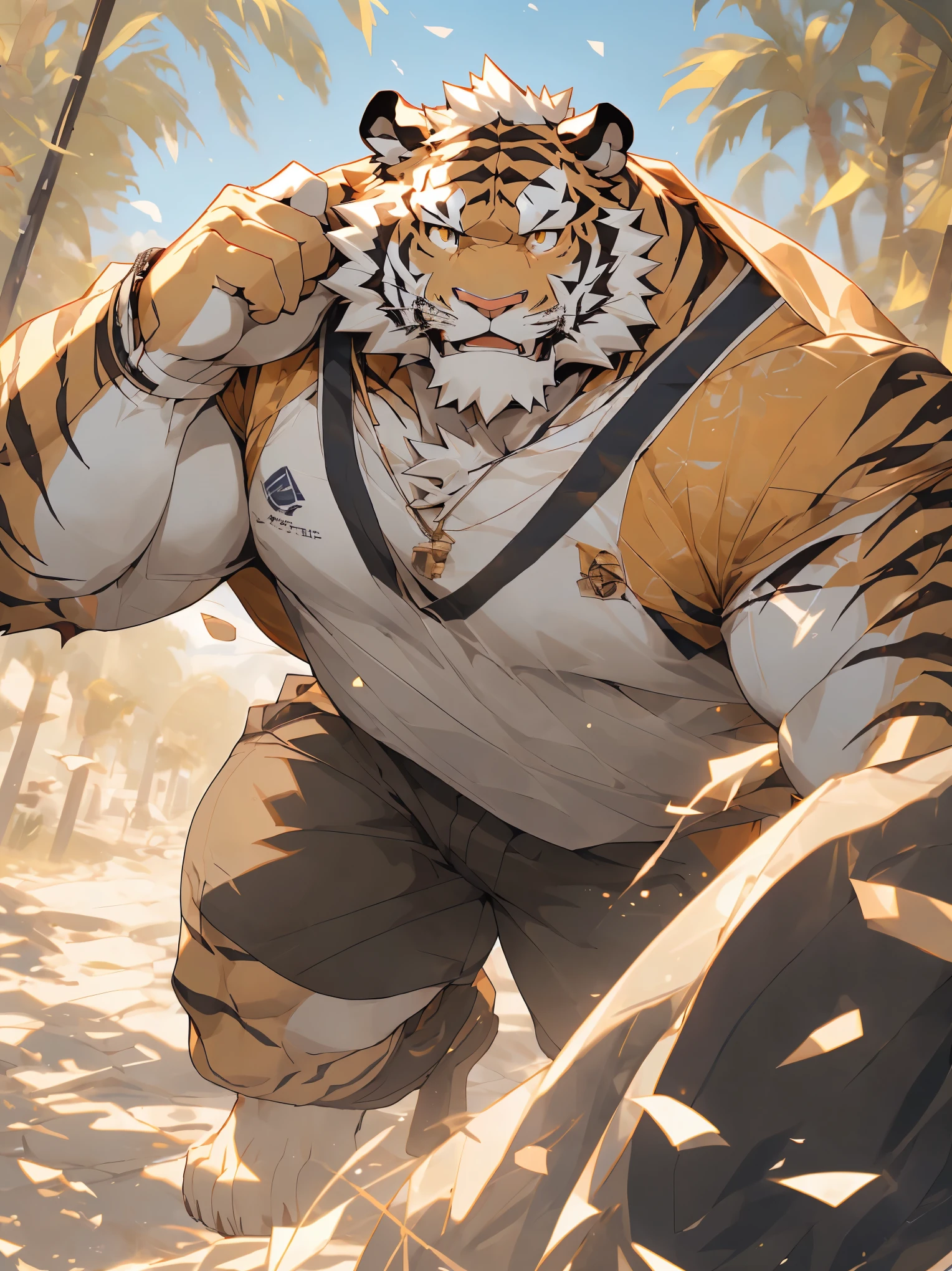 （masterpiece），（Very detailed），（best quality），hairy，white fur，white头发，golden pupil muscles，(((white)))，((Wear casual clothes))，((convex))，(Jump to camera 1.4)，8k，（（high quality）），（albino bengal tiger），Strong body，（white毛发）