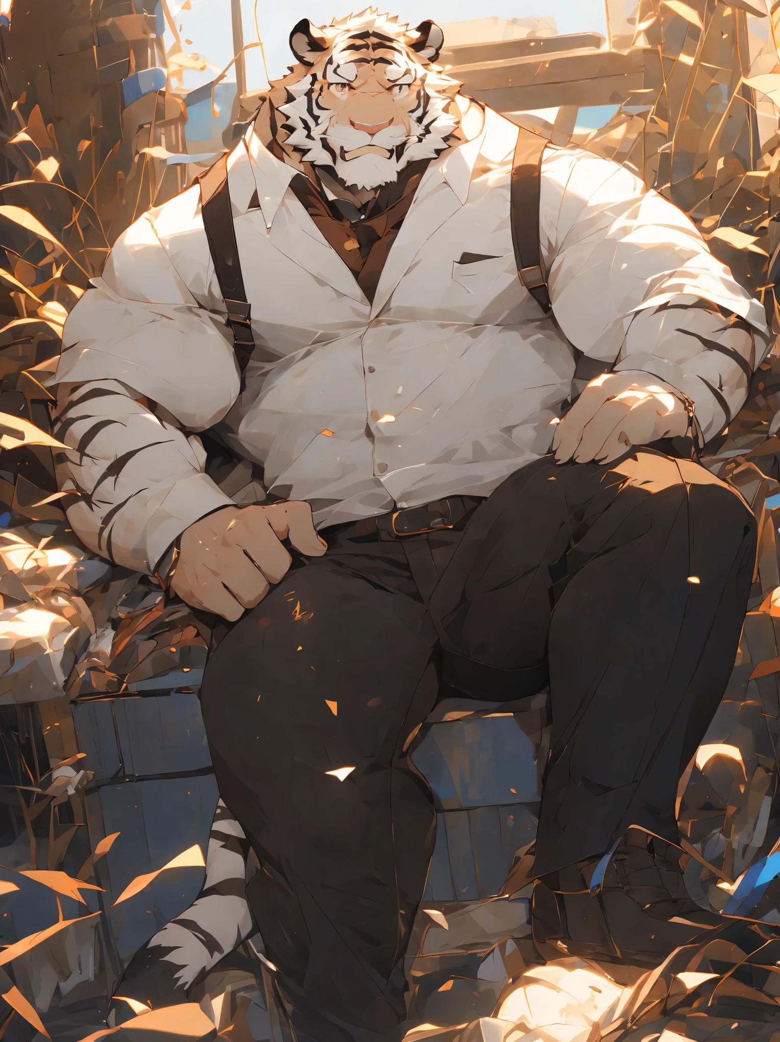 (masterpiece),(Very detailed),(best quality),hairy,white fur,white头发,golden pupil muscles,(((white))),((Wear casual clothes)),((convex)),(Jump to camera 1.4),8k,((high quality)),(albino bengal tiger),Strong body,(white毛发),The body is all white,body with white stripes
