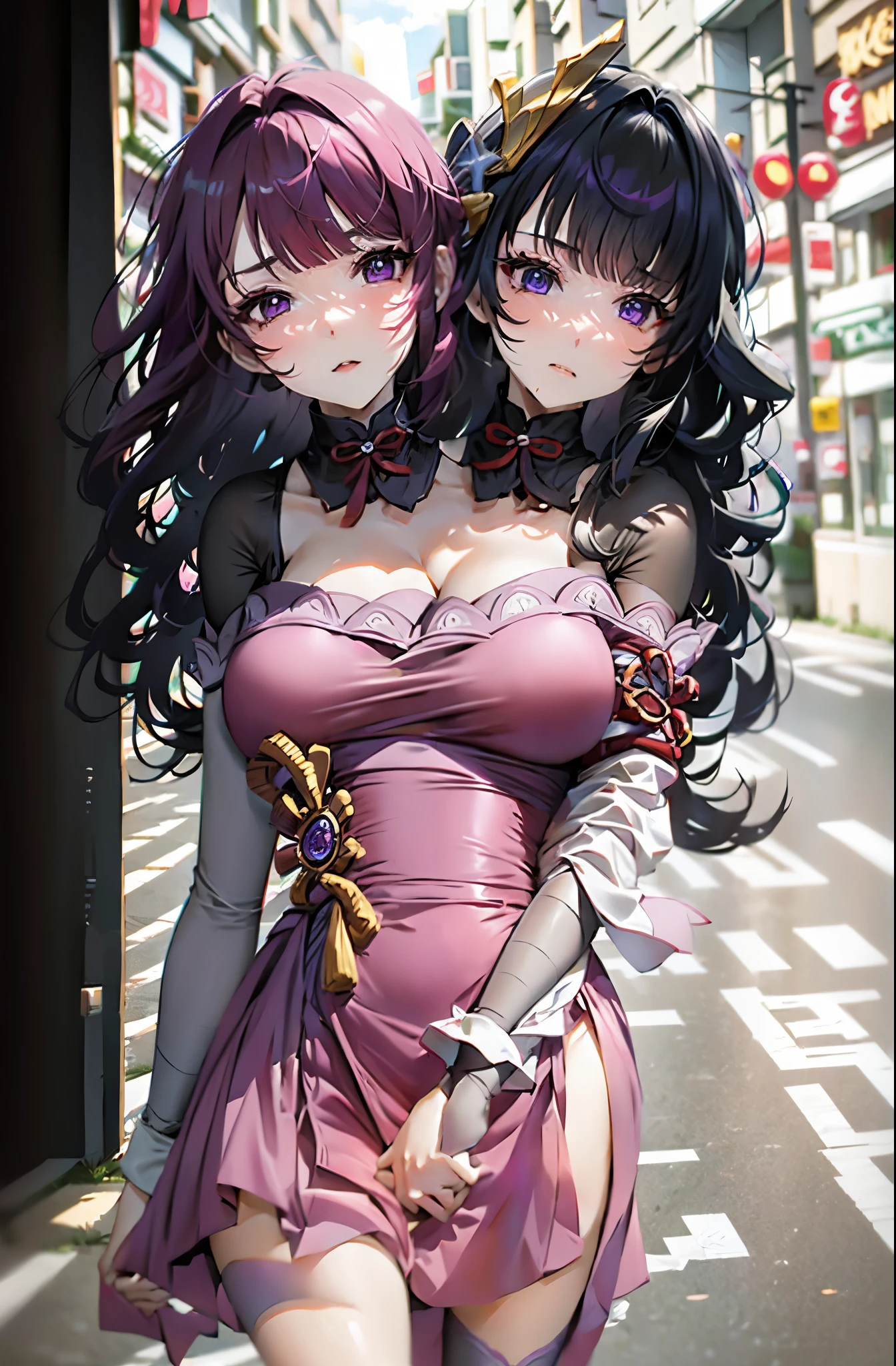 (Twoheads), (twoheads:1.5), Raiden Shogun character, two women in pink dresses are walking down the street, beautiful gemini twins portrait, alena aenami and lilia alvarado, anna nikonova aka newmilky, wearing a pink dress, beautiful gemini twins, dressed in a pink dress, pink dress, cute girls, soft silk dress, anna nikonova, beautiful girl model, two girls, silk dress, beautiful girls