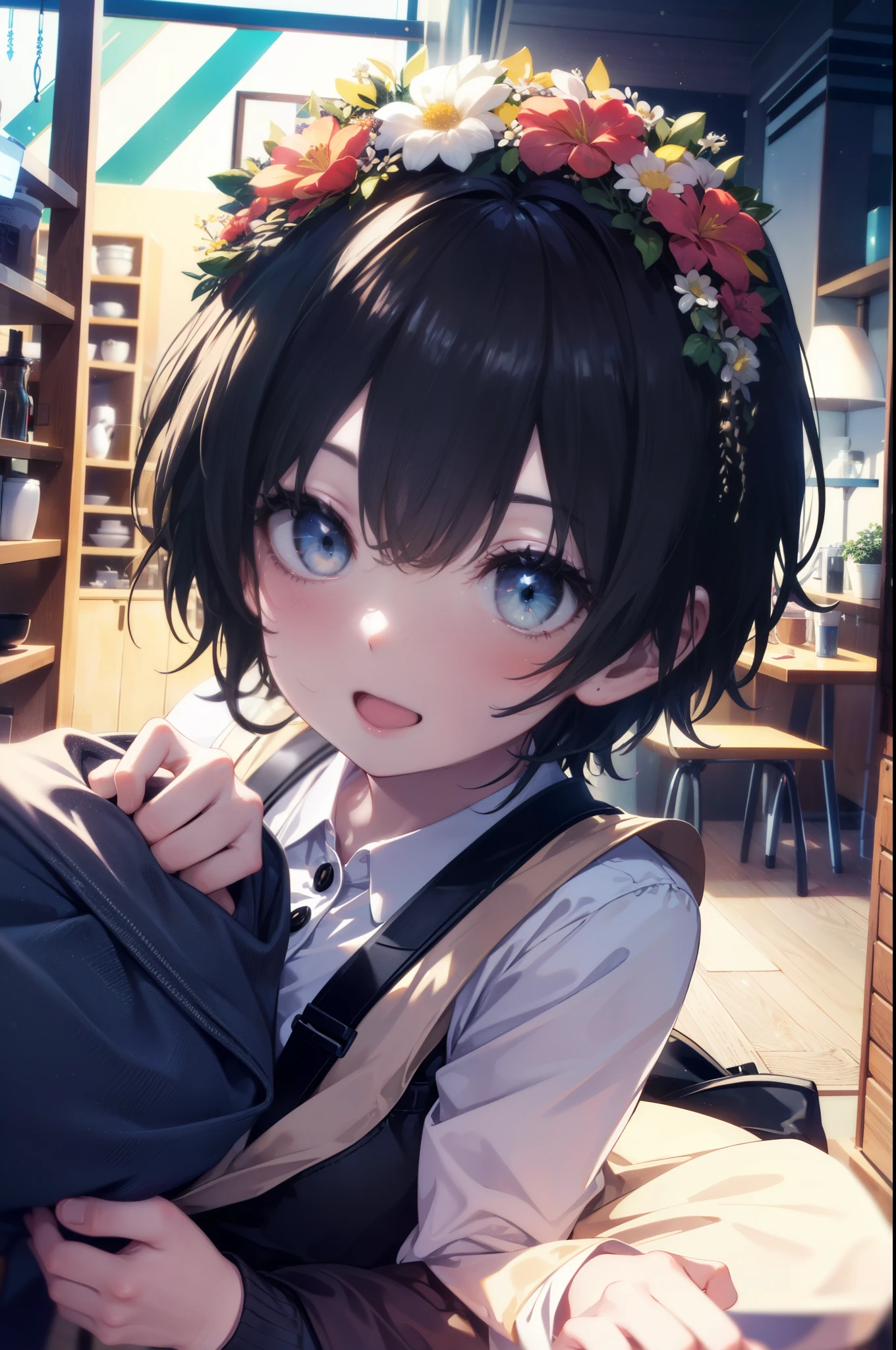 uiharukazari, uiharu kazari, (black eye:1.5), black hair, flower, hair flower, hair ornaments,open mouth smile,頭のflower輪, short hair,
flower屋の店員,flower屋,sweater,short denim bunts,black pantyhose,short boots,apron, 
break looking at viewer, 
break indoors, flower屋,
break (masterpiece:1.2), highest quality, High resolution, unity 8k wallpaper, (figure:0.8), (detailed and beautiful eyes:1.6), highly detailed face, perfect lighting, Very detailed CG, (perfect hands, perfect anatomy),