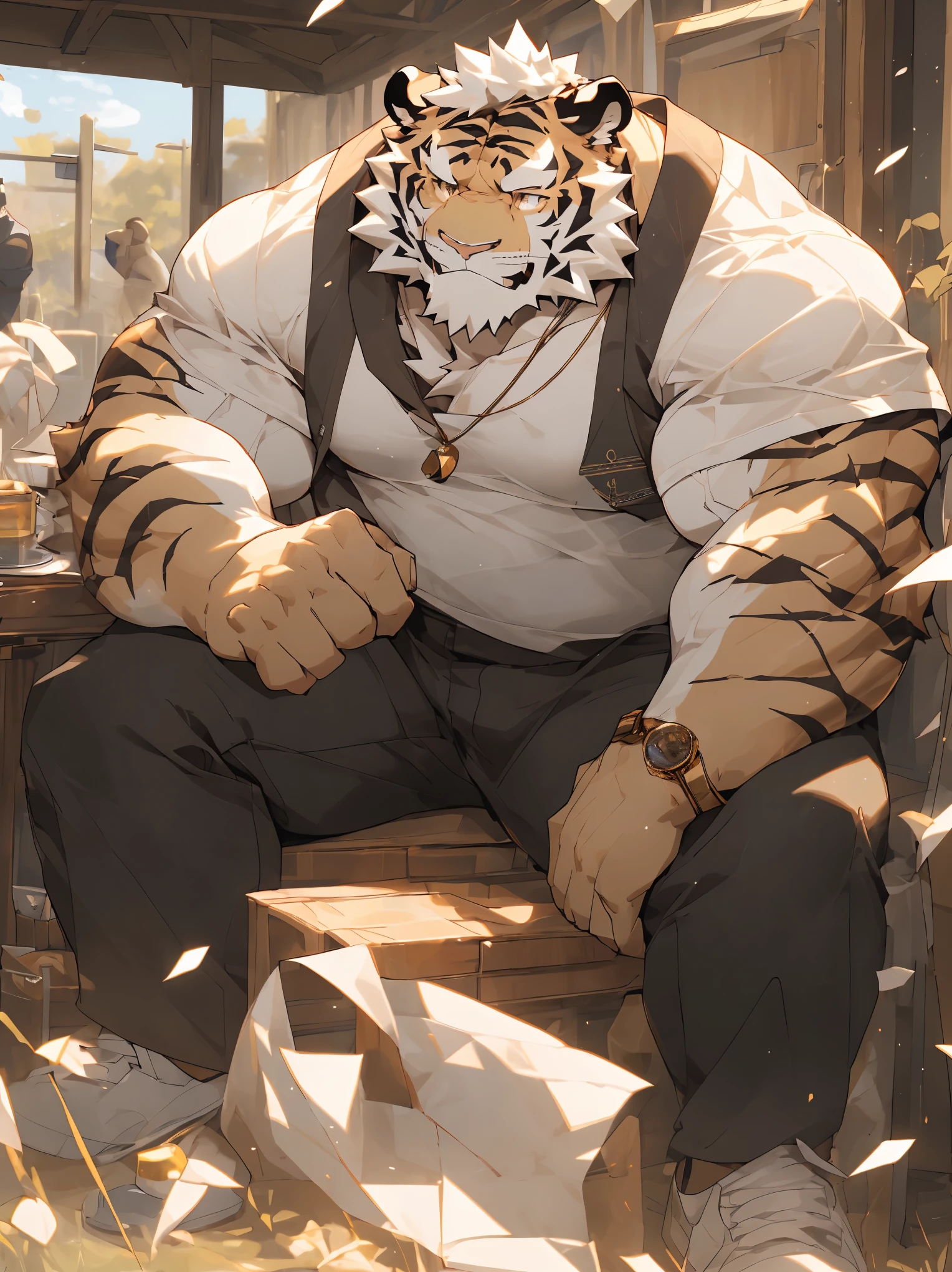 (masterpiece),(Very detailed),(best quality),hairy,white fur,white头发,golden pupil muscles,(((white))),((Wear casual clothes)),((convex)),(Jump to camera 1.4),8k,((high quality)),(albino bengal tiger),Strong body,(white毛发)