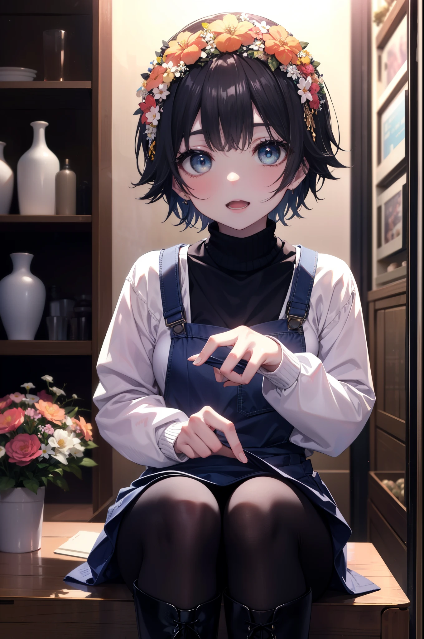 uiharukazari, uiharu kazari, (black eye:1.5), black hair, flower, hair flower, hair ornaments,open mouth smile,頭のflower輪, short hair,
flower屋の店員,flower屋,sweater,short denim bunts,black pantyhose,short boots,apron, 
break looking at viewer, 
break indoors, flower屋,
break (masterpiece:1.2), highest quality, High resolution, unity 8k wallpaper, (figure:0.8), (detailed and beautiful eyes:1.6), highly detailed face, perfect lighting, Very detailed CG, (perfect hands, perfect anatomy),