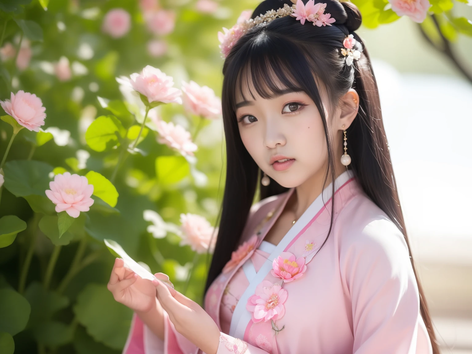 Close-up of a young girl in a pink dress and a green flower headdress, china princess, chinese girl, palace ， girl in hanfu, Young asian girl, ancient chinese princess, Cute young girl, Chinese style, young girl, cute、beautiful, beautifulキャラクターの絵, beautifulポートレート画像, とてもbeautiful女の子, asian girl, chinese traditional, chinese costume，