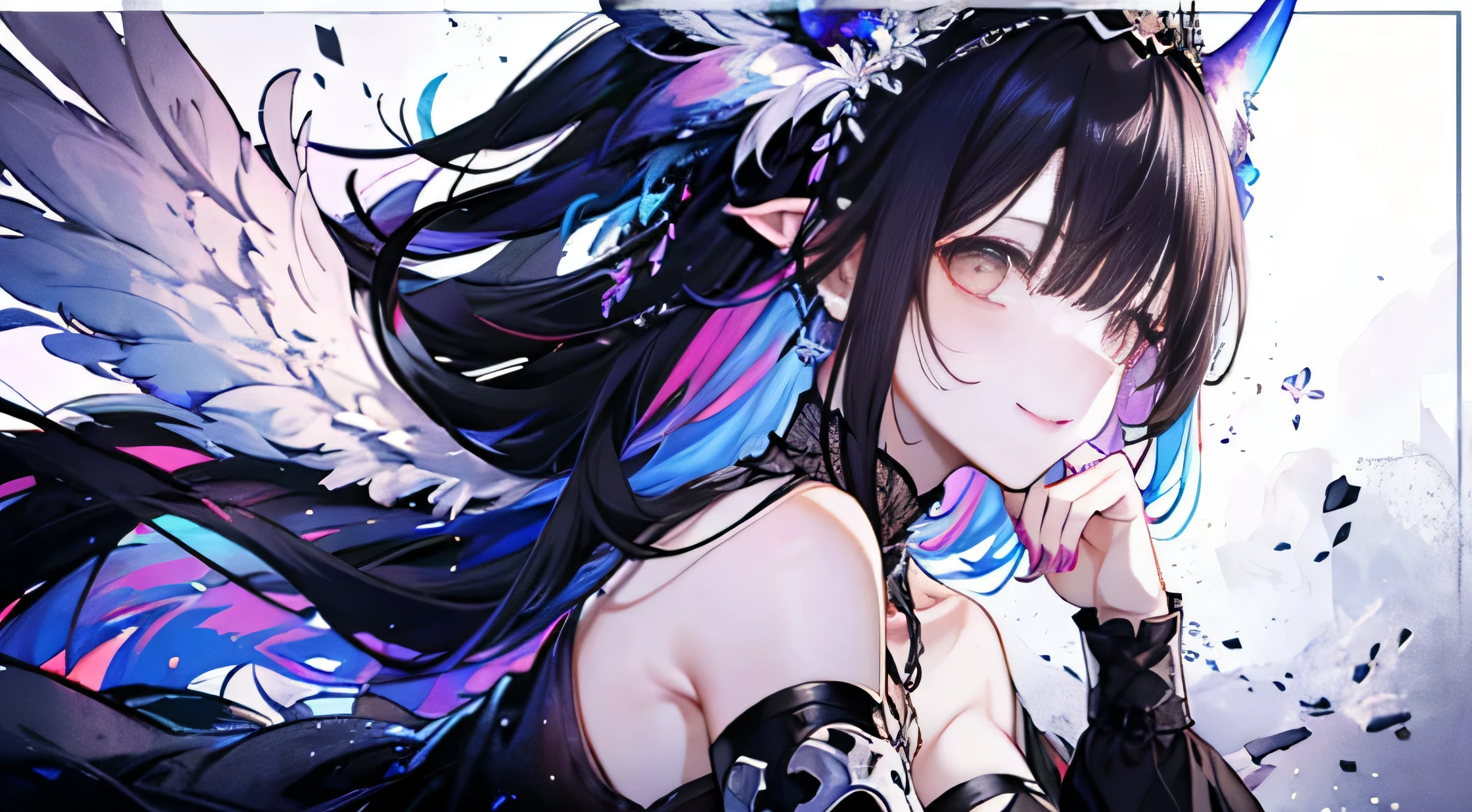((tmasterpiece:1.4,Best quality))+,(hyper-detailing)+,(Ultra-detailed eyes)+,(winged ears:1.5),
(cute girls),15year old,(golden red pupils:1.15),Jet black long hair,long braid,Bushy hair(wariza:1.2),pale-skinned,seduct smile,Black crystal block,Black horns,vacant eyes,red eye pattern on forehead
(She wears a shabby black robe,grey dress,Bones pattern,:1.5),(black Bracelet:1.4)The sleeves are extra-long,black spiked headdress,baiyun,white colossus,Dream bubbles,black fingernails,red apple,With your back to everyone,tear pattern,Metal chains,White skeleton
(bird feathers:1.1),
(dawn light:1.2),
(Thick black and white:1.16),(depth of fields:1.4),Complicated details,color mixing,Detailed route,Excellent,super detailing,The content is very detailed,(hight contrast:1.11),wind,Amazing cleavage,beautidful eyes,messy hair,(best illuminate,Extremely Delicately Beautiful), ((movie light lighting)), (seen from the side:1.3),8K,tmasterpiece,Best quality,cinematic Film still from,1 plump girl,(Close-up cleavage:1.1),bright,Interesting,gentlesoftlighting,(bauhaus,shape,line engineering,Abstract:1.1)offcial art, Unity 8k Wallpaper, ultra - detailed, Beautiful and beautiful, tmasterpiece, Best quality, (dynamic angle:1.4),Perfect NwsjMajic,(tmasterpiece,top-quality,Best quality,offcial art,Beauty and aesthetics:1.2),The content is very detailed,rich colourful,highest details,