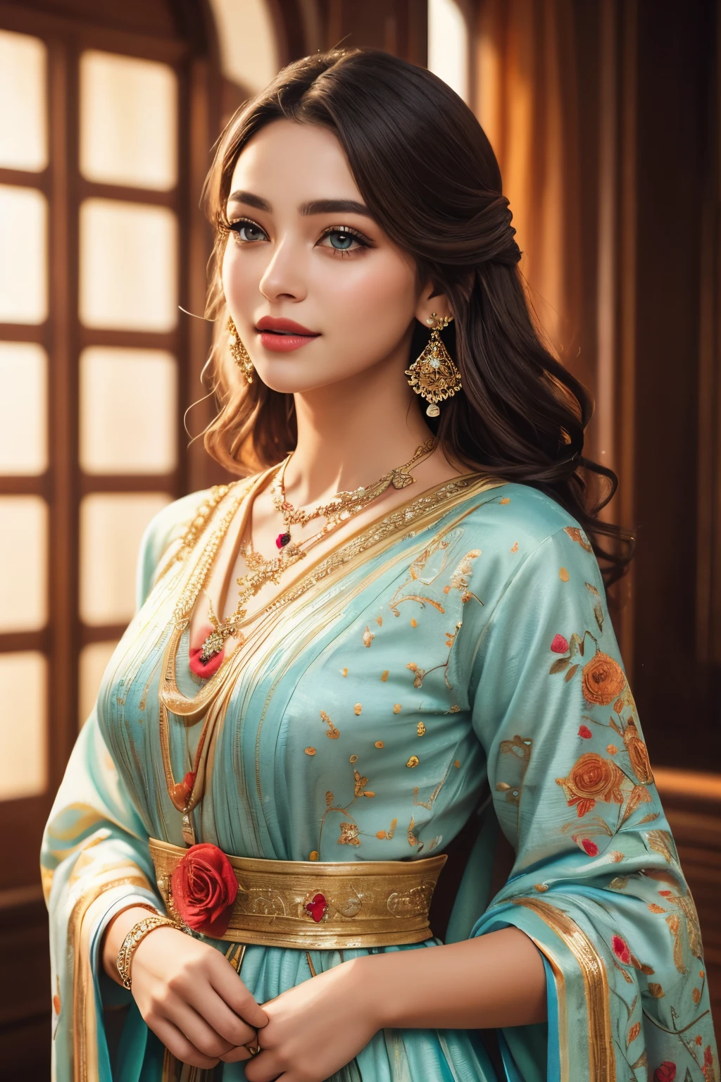 A portrait capturing a woman from the waist up. Her eyes are the focal point, shimmering with myriad stories; eyebrows perfectly arched, framing the windows to her soul. Soft, cascading curls envelop her face, adding a touch of gentleness. Her lips, delicate as a rose petal, carry a soft smile that seems to whisper secrets of a joyful heart. The attire she wears is draped with elegance, the fabric rich with the tales of tradition and embroidered with the subtleties of passion and precision. Every fold, every color, seems to narrate an emotion, an untold story. Accessories adorning her outfit are not just ornaments but a complement to her radiant grace. The light plays beautifully, enhancing the contours of her face, carefully illuminating the essence of her femininity.