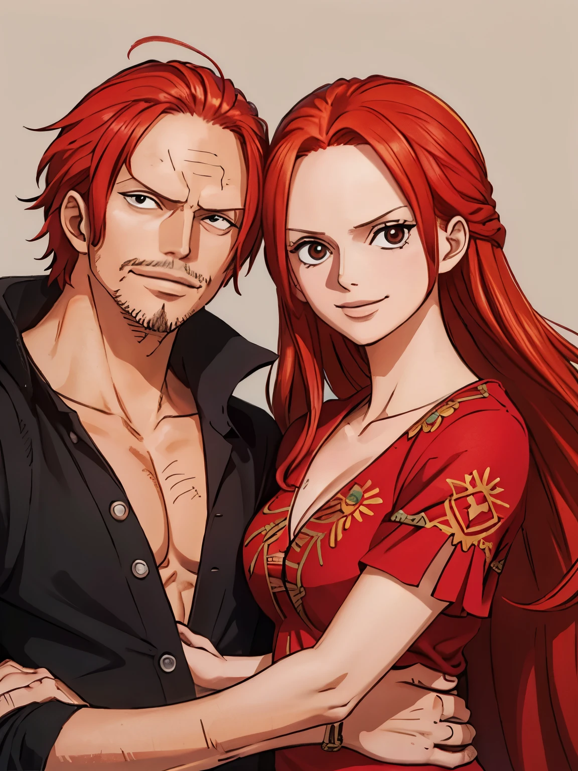 red haired Shanks from one piece and a beautiful woman, happy face, simple smile, (middle age couple) (Shanks has a van dyke beard)（Woman has brown hair, A detailed eye，wild hair，delicated face),（mtu，A detailed face，A detailed eye）, 8k, UHD.