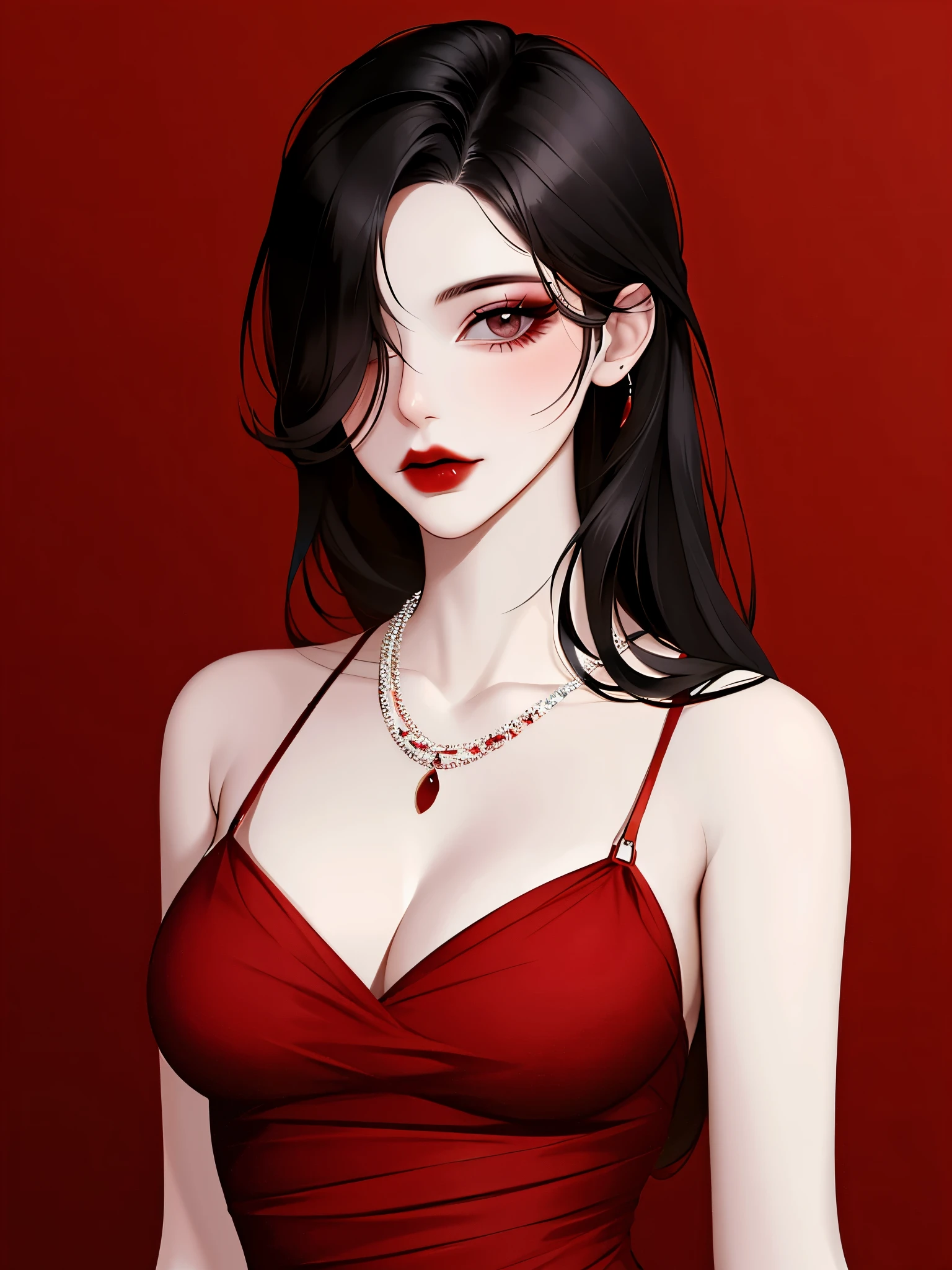 1girl in, Solo, Jewelry, Black hair, Necklace, Red lips, Long hair, lip stick, makeup, Upper body, Closed mouth, Red dress, Hair over one eye, clavicle, Dress,Red Theme,bad-girl, Large breasts,Shiny skin,(maturefemale),