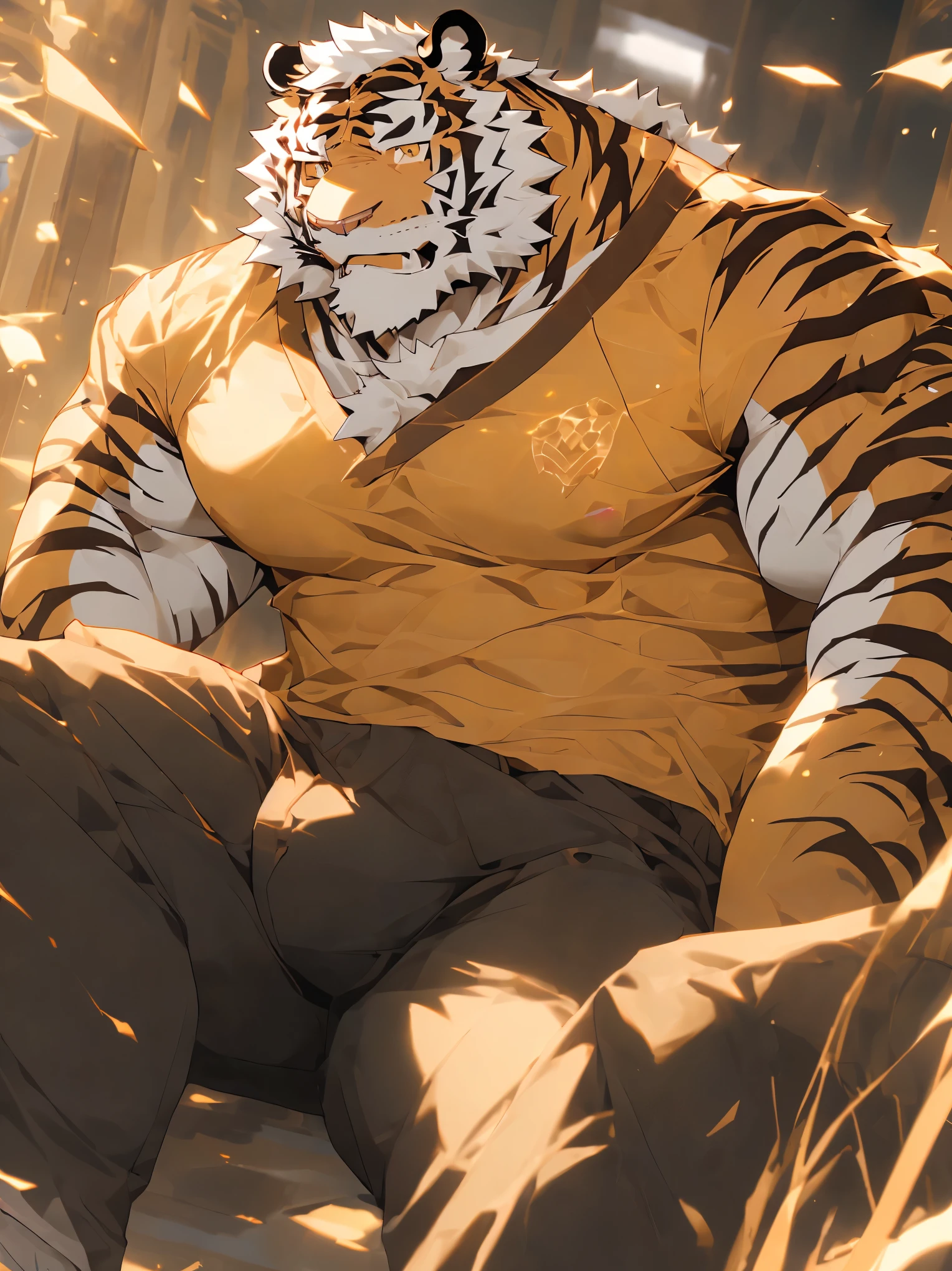 （masterpiece），（Very detailed），（best quality），hairy，，white hair，golden pupil muscles，(((orange tiger)))，((Wear casual clothes))，((convex))，(Jump to camera 1.4)，8k，（（high quality）），Strong body，（White hair on chest and belly），body with black stripes，There is a bulge under the crotch