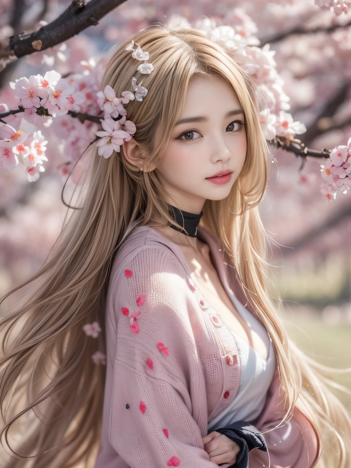 (masterpiece, best quality:1.2),Sexy sweater，Eyes are very delicate，（（（Beautiful girl with long hair））），Under the cherry blossom trees，Sakura petals are flying all over the ground，Dream style，Full body image