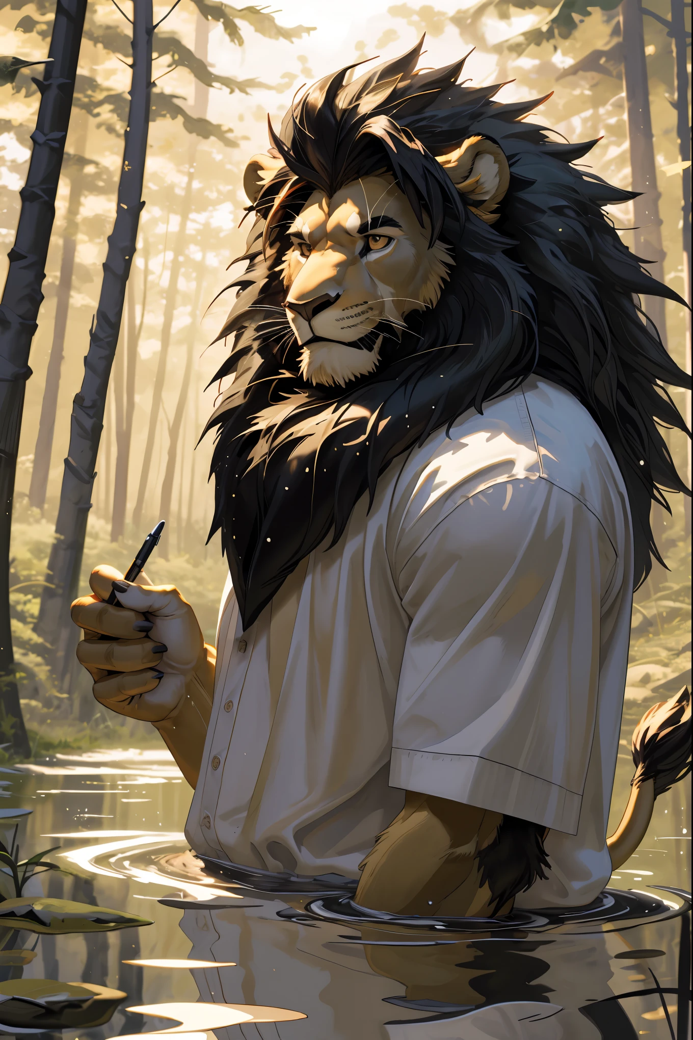 cover page, highres, top quality, best quality, paid reward available, unparalleled masterpiece, perfect artwork, absurdres, High-quality illustrations, bathing in water, beautiful refraction of water, shirt soaked in water, transparent clothing, Rich colors, Dreamy, mystical, erotic, dynamic and intricately defined muscular physique(In the forest where the stream flows, Backlighting)perfect anatomy((angelic cute 1boy))(Furry, Solo focus)(furry anthro:1.7)(((furry body, Facial features of male lion, Features of the male lion body)))(((muzzle of the male lion, very detailed furry body of male lion))))undress(portrait)cinematic lighting, dynamic angle,