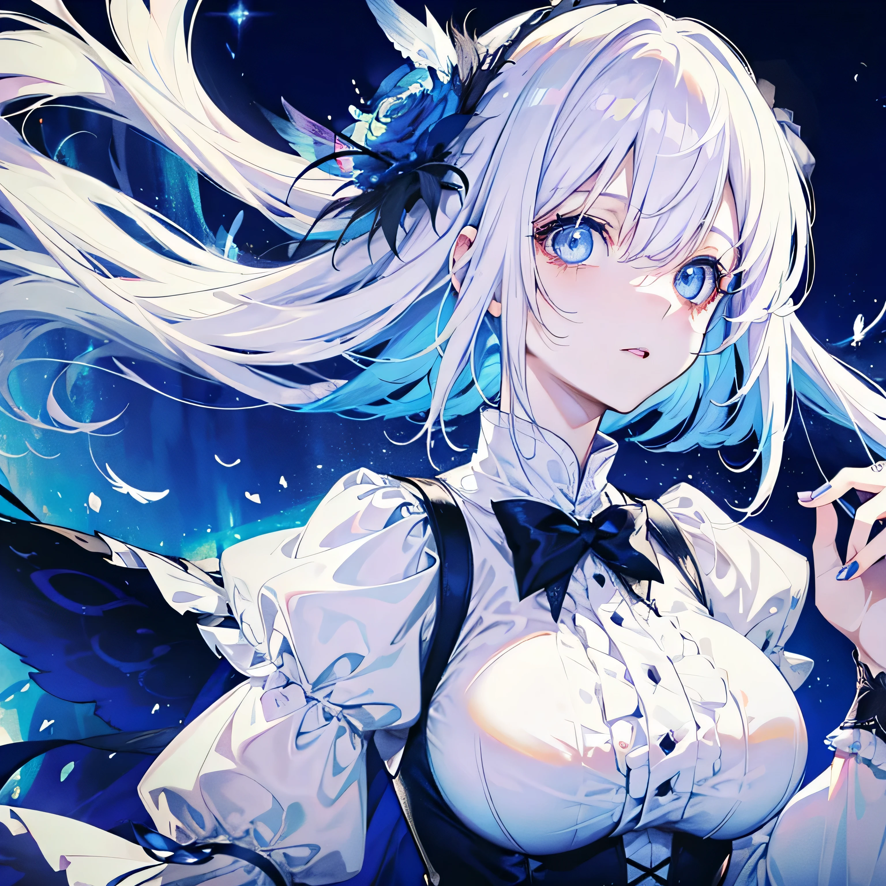 White hair blue eyes cute big breasts goth lolita magic wings long hair super delicate super high quality gorgeous background