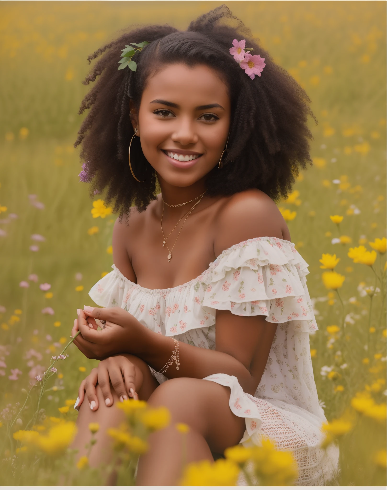 There's a young woman sitting in a field of flowers, mulher jovem negra jovem