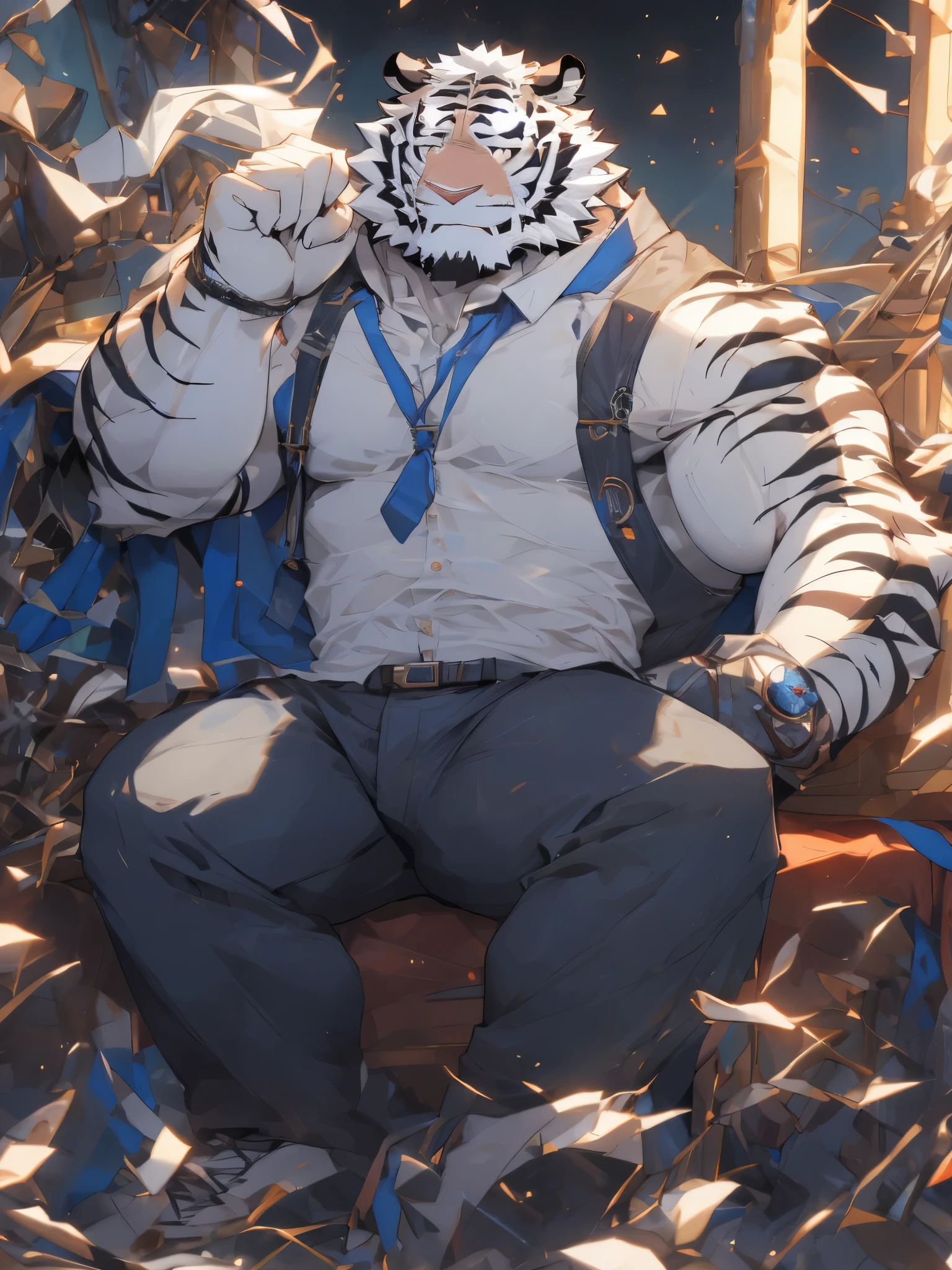 （masterpiece），（Very detailed），（best quality），hairy，，white hair，golden pupil muscles，(((white tiger)))，((Wear casual clothes))，((convex))，(Jump to camera 1.4)，8k，（（high quality）），Strong body，（White hair on chest and belly），body with blue stripes，There is a bulge under the crotch，（White limbs with blue stripes）（White back with blue stripes）