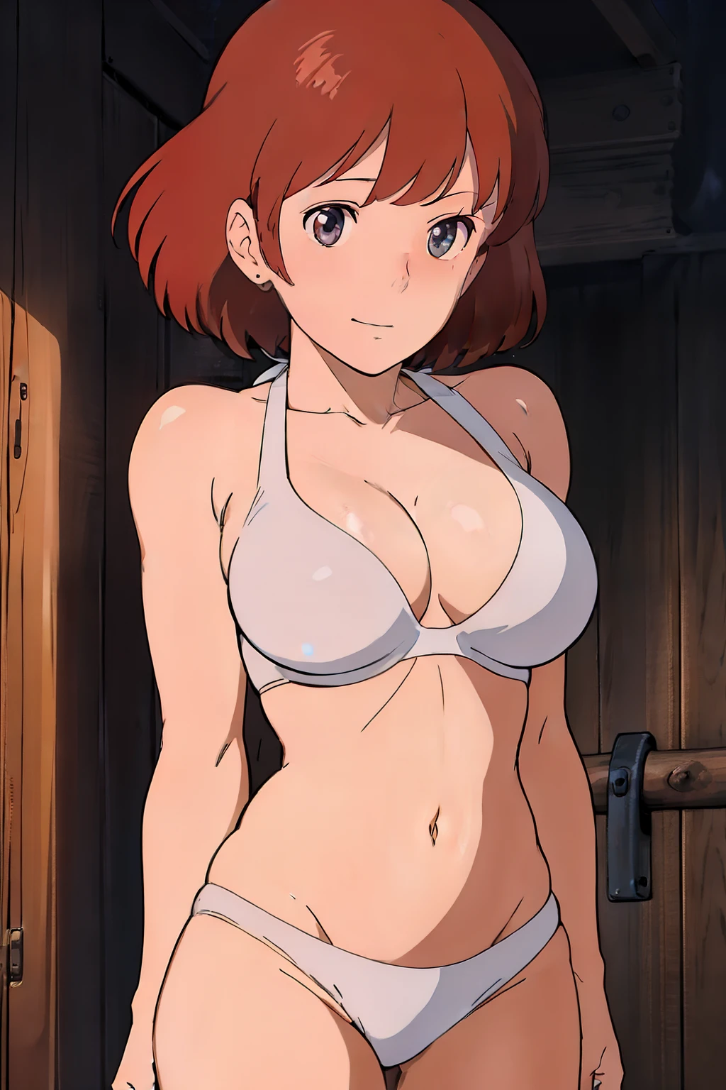 (masterpiece, highest quality, High resolution, anime screenshot, anime color, 8k, realistic), Nausicaa, 1 female, mature woman, wife, alone, brown hair, sad smile, (looking at the viewer), huge breasts, cleavage, (white bikini:1.5), winding, cowboy shot, (lake, Wet), (perfect detailed anatomy, beautiful and detailed face&eye:1.5, shiny skin, perfect sharp body)