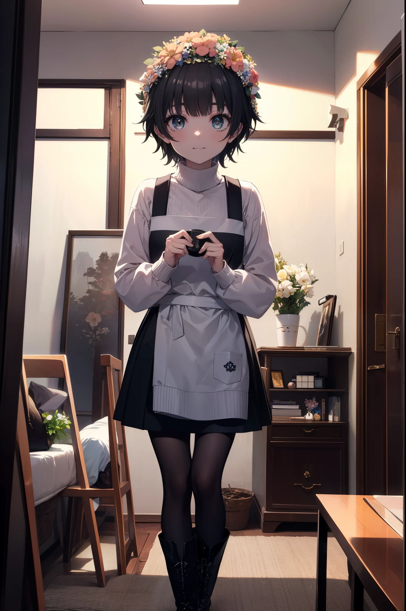 uiharukazari, uiharu kazari, (black eye:1.5), black hair, flower, hair flower, hair ornaments, smile,頭のflower輪, short hair,Keeping your mouth open,
flower屋の店員,flower屋,sweater,Short Band,black pantyhose,Short Boots Boots,apron, 
break looking at viewer, 
break indoors, flower屋,
break (masterpiece:1.2), highest quality, High resolution, unity 8k wallpaper, (shape:0.8), (fine and beautiful eyes:1.6), highly detailed face, perfect lighting, Very detailed CG, (perfect hands, perfect anatomy),