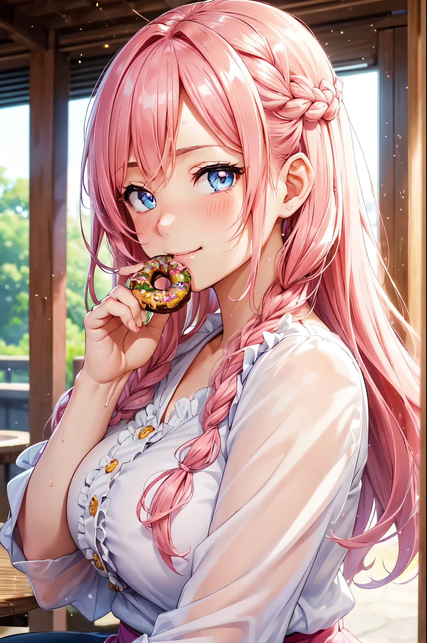 (High quality, High resolution, Fine details), Anime style, enjoying a delicious doughnut, mouth-watering doughnut, mouth-watering dessert, holding a doughnut in mouth, Ruffled blouse, solo, curvy women, braided pink hair, sparkling eyes, (Detailed eyes:1.2), (smile), blush, Sweat, Oily skin, (Focus on face), shallow depth of field, natural environment
