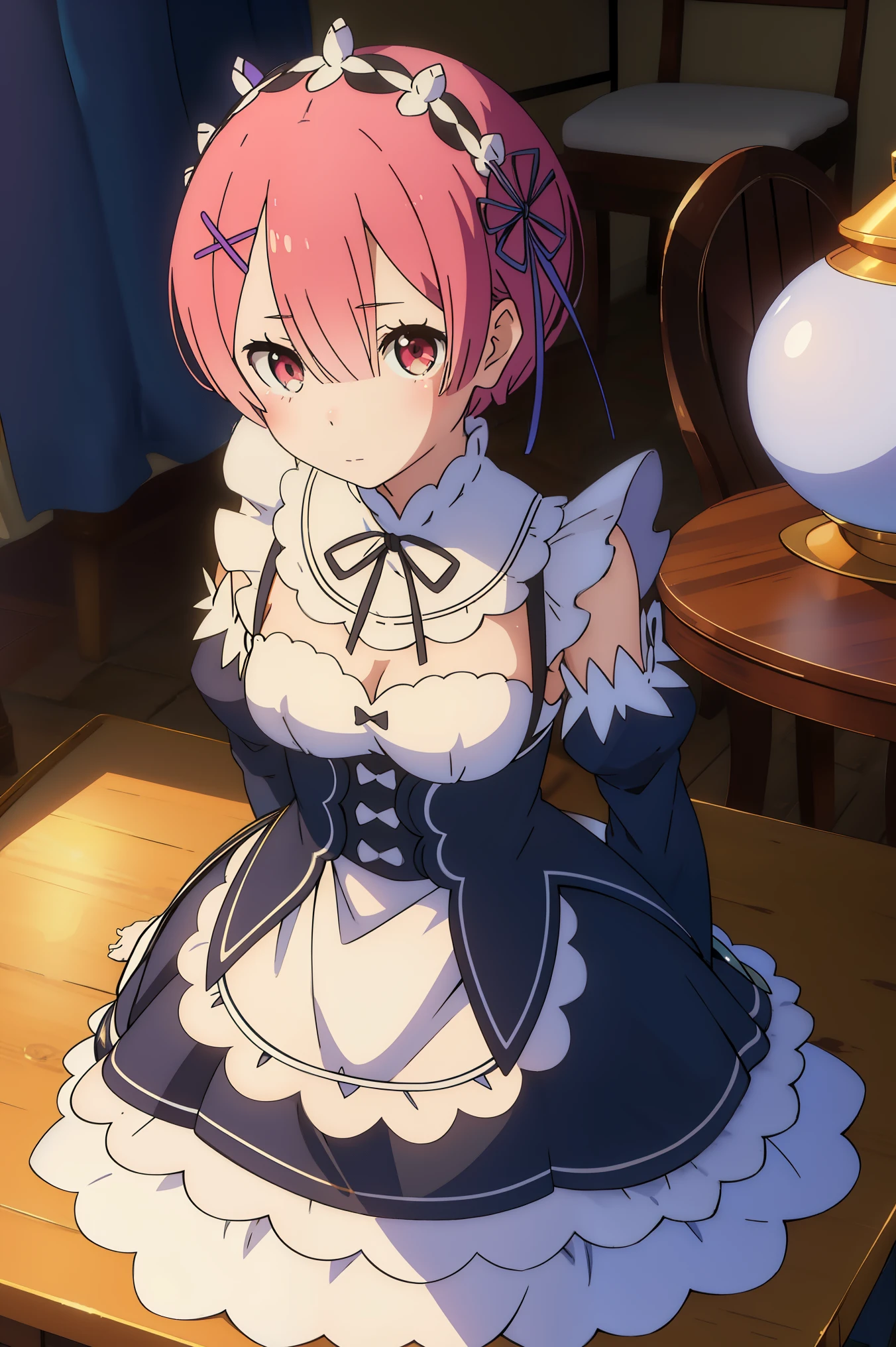 table top, highest quality, (colorful), (delicate eyes and face), volumetric light, ray tracing, Highly detailed CG Unity 8k wallpaper, Ramchi, hair above one eye, maid, purple ribbon, maid headdress, roswaal mansion maid uniform, removed sleeve, looking at the viewer, cowboy shot, frown, disgust, sitting, from below, seductive pose