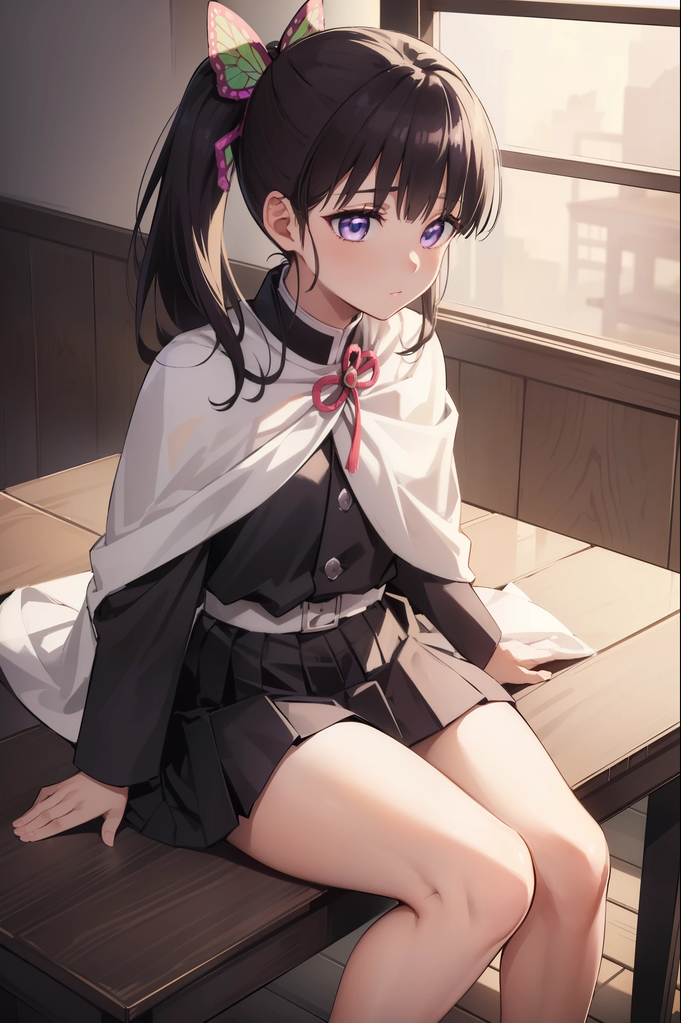 Kanaotsu Yuri, kanao tsuyuri, black hair, butterfly, butterfly hair ornament, (purple eyes:1.1), Side ponytail, ponytail, 
Blake Black skirt, cape, demon slayer uniform, long sleeve, プリーツskirt, skirt, white cloak,
break looking at viewer,
rest indoors, classroom,
break (table top:1.2), highest quality, High resolution, unity 8k wallpaper, (figure:0.8), (detailed and beautiful eyes:1.6), highly detailed face, perfect lighting, Highly detailed CG, (perfect hands, perfect anatomy),skirt lift,  ,(((white underwear with decorations))), contempt, contempt的