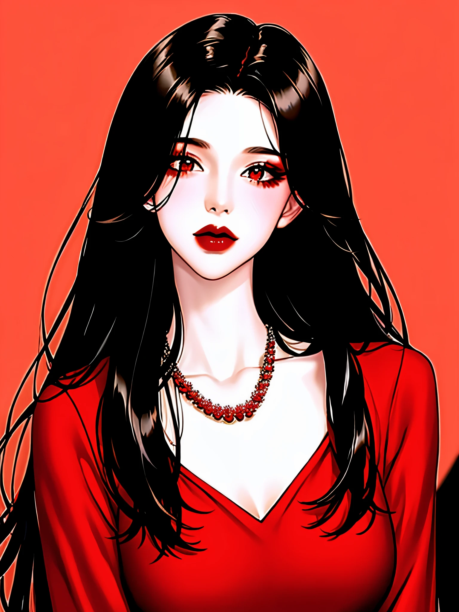 1girl in, Solo, Jewelry, Black hair, Necklace, Red lips, Long hair, lip stick, makeup, Upper body, Closed mouth, Red dress, Hair over one eye, clavicle, Dress,Red Theme,bad-girl,Shiny skin,(maturefemale),