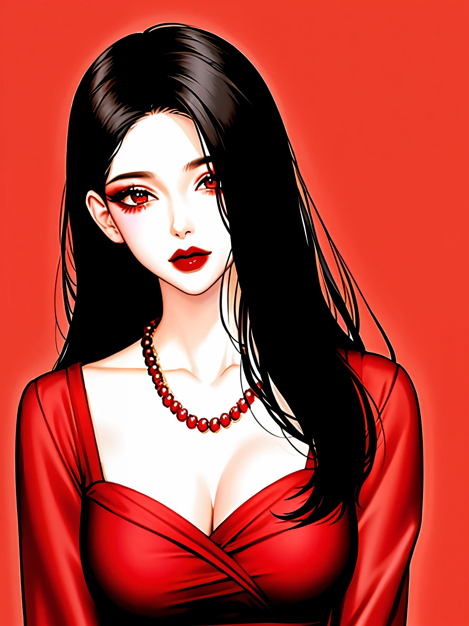 1girl in, Solo, Jewelry, Black hair, Necklace, Red lips, Long hair, lip stick, makeup, Upper body, Closed mouth, Red dress, Hair over one eye, clavicle, Dress,Red Theme,bad-girl,Shiny skin,(maturefemale),