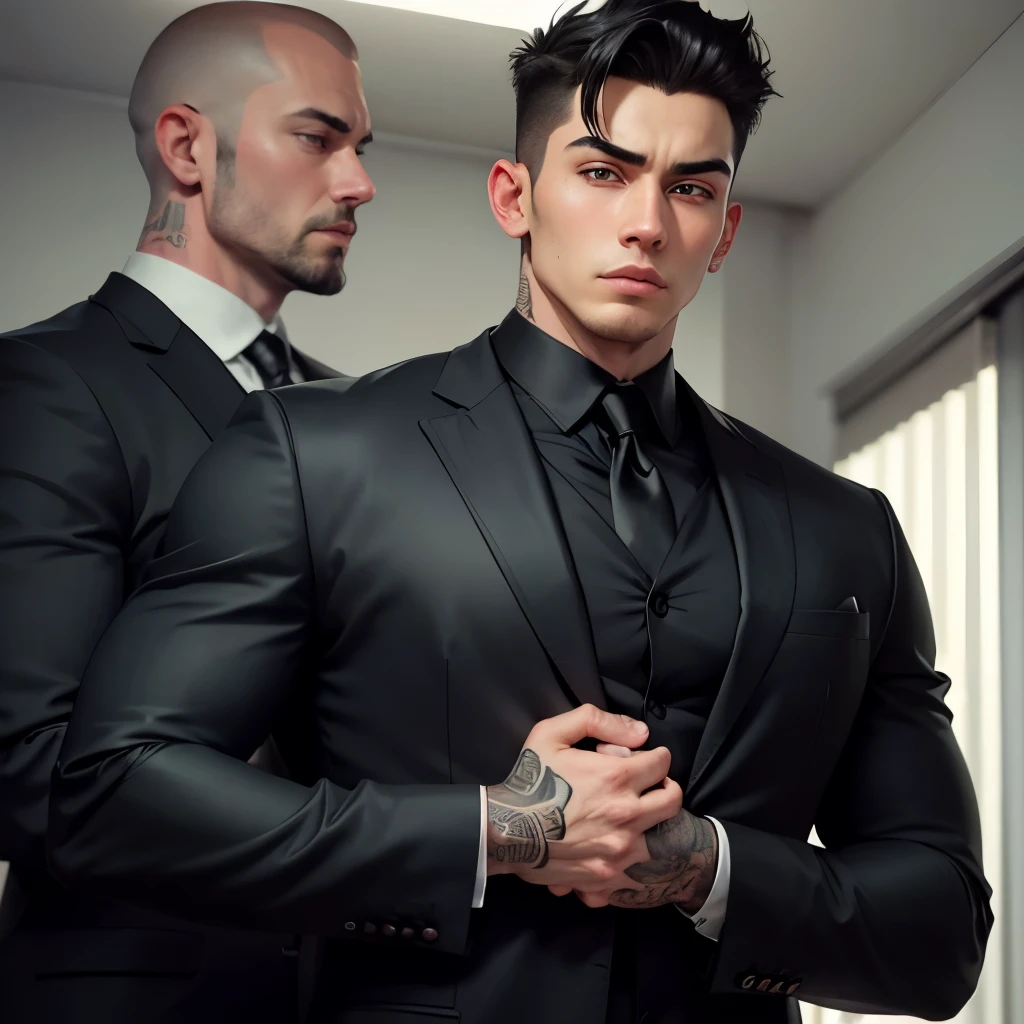 a handsome boy, 20 years old, big eyes, square face, short black hair, muscular, tattoo on his neck, Wear a black suit and shirt, and a middle-aged rich businessman, round face, A little bald, Two handshakes cooperation, best quality, masterpiece, masterpiece