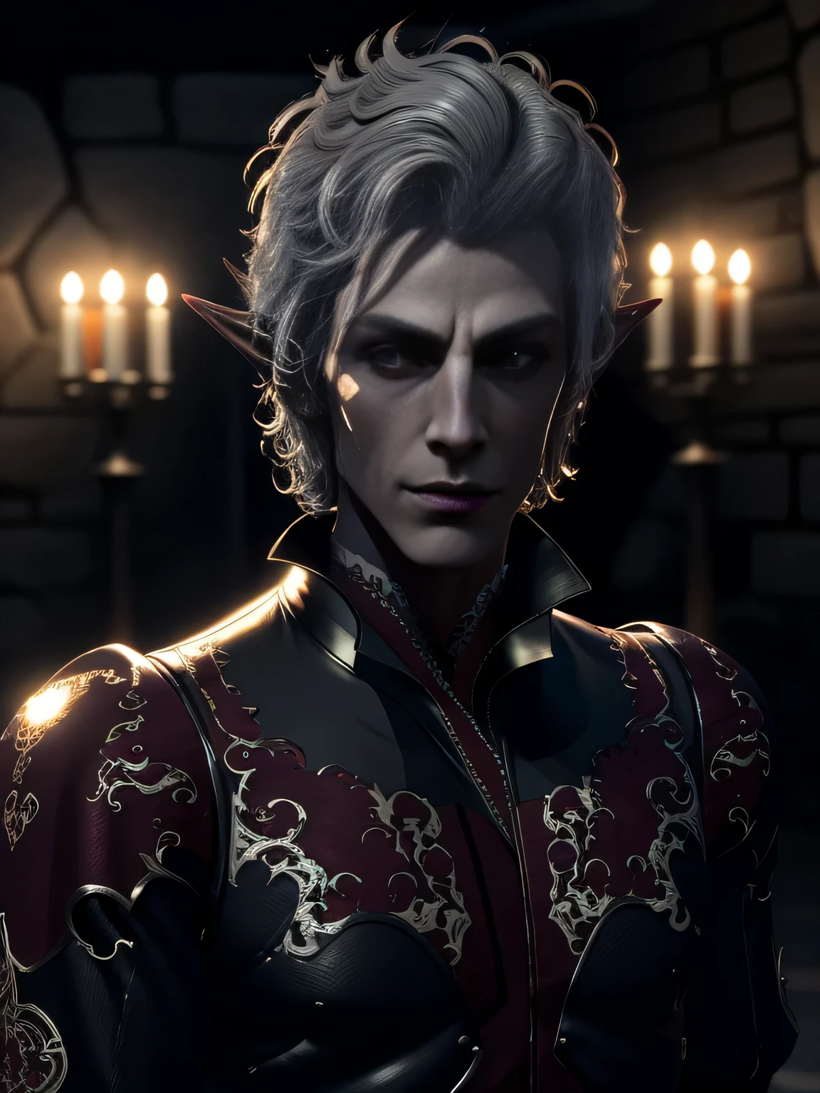 (Baldr&#39;gate style, Best quality, High detail, A high resolution:1.2, Masterpiece, 4k, 2 characters), (fantasy : Vampire Elf Astarion, in your gothic castle, , Beautiful face, Red eyes)), elegant, (finely detailed beautiful eyes: 1.2), Perfect body, predatory look, with him is a vampire elf with silver hair and blue eyes., Beautiful face, calm confident look, dressed in a high class gothic dress. Lovers. portrait, cinematic lighting, darkness, dark scene, ((muffled light)), Turning off the lights, super detailed, Ultra-realistic, digital photography