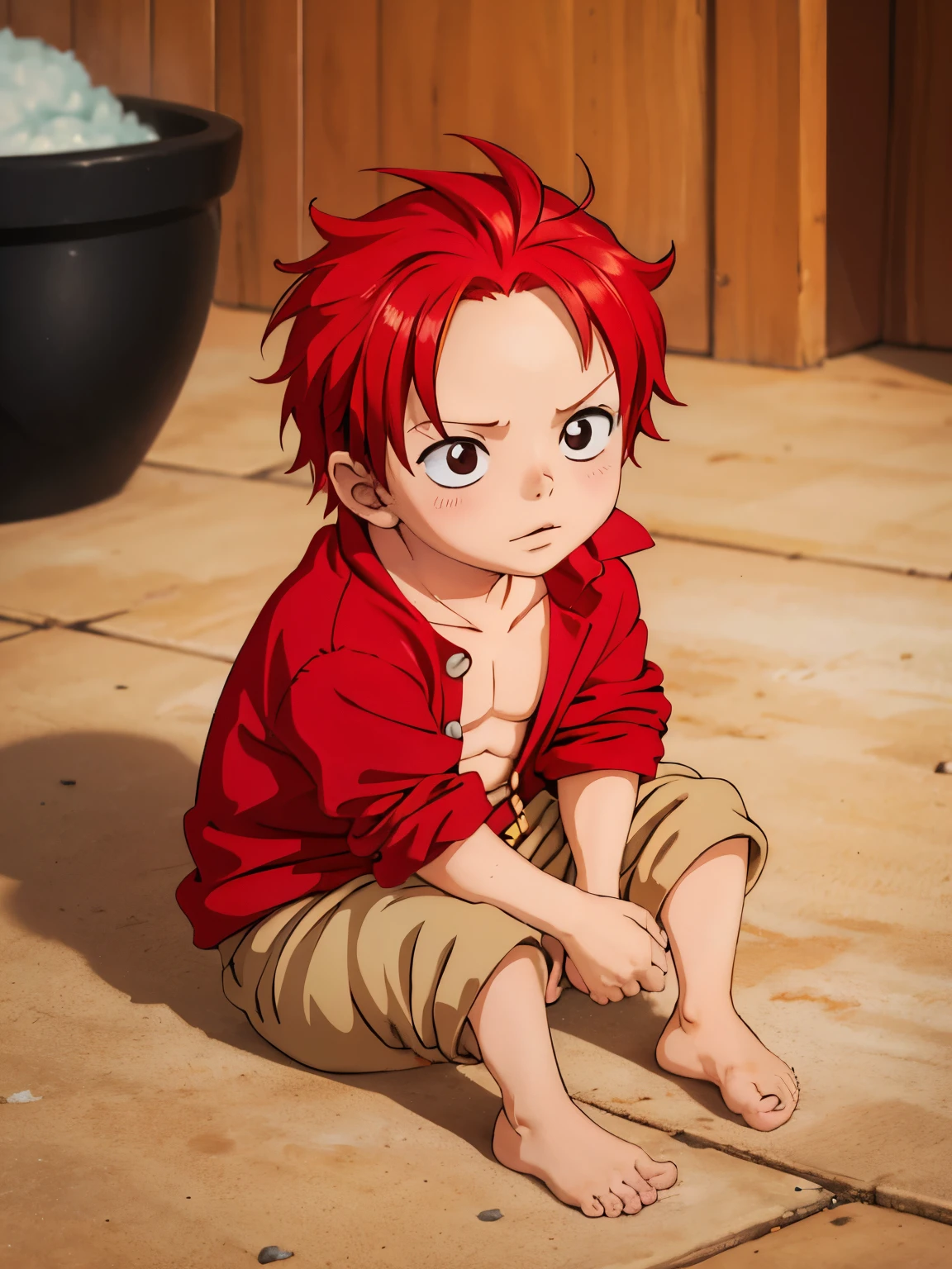 A little cute red haired baby boy in one piece anime style, little , small baby boy