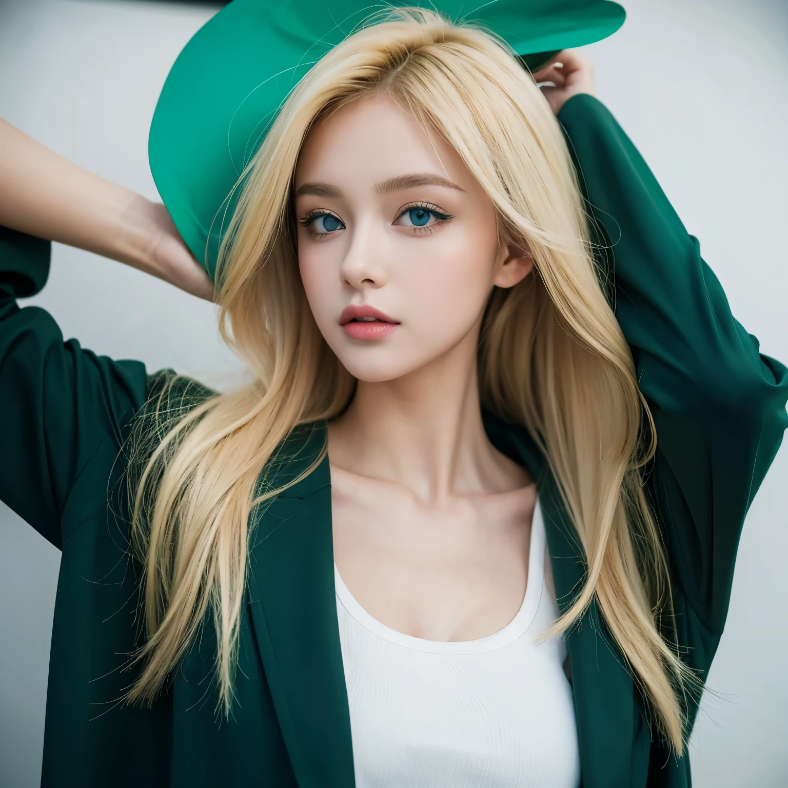 Beautiful teen girls blond hair bleu eyes and green make up,wearing black jacket