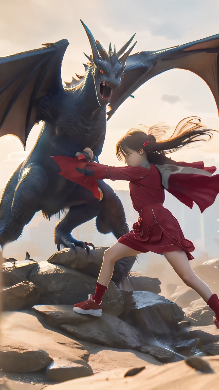 Draw a scene of a girl in ragged clothes fighting a dragon