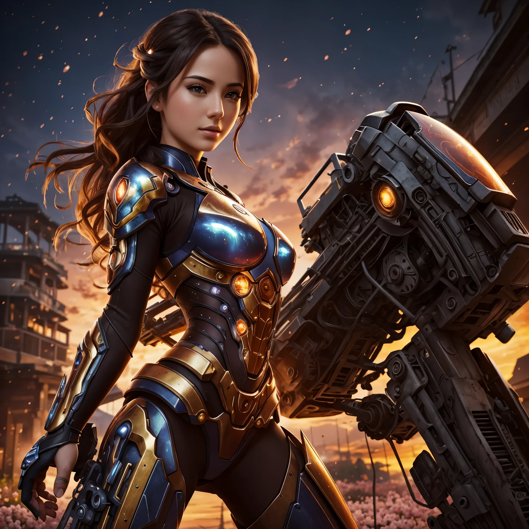 best quality,4k,8k,highres,masterpiece:1.2,ultra-detailed,realistic:1.37,A girl in a garden,beautiful detailed eyes,beautiful detailed lips,extremely detailed eyes and face,longeyelashes,(cybertron,sci-fi) background,heroic pose,cybernetic enhancements,mechanical wings,exquisite cherry blossom petals,blazing firebell pattern,moving gears and cogs,ethereal glow,warm sunset colors,anime-style,sharp focus,physically-based rendering,professional,vivid colors,bokeh
