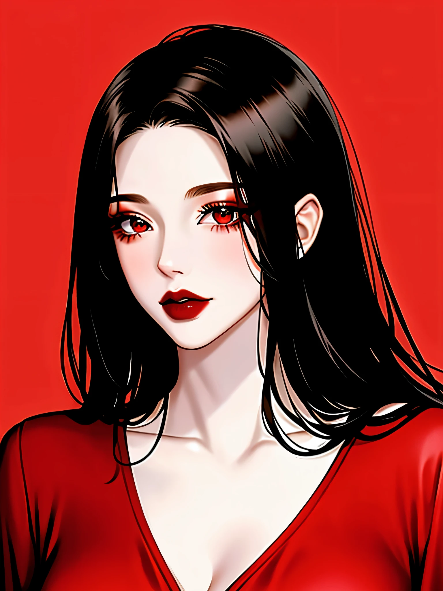 1girl in, Solo, Jewelry, Black hair, Necklace, Red lips, Long hair, lip stick, makeup, Upper body, Closed mouth, Red dress, Hair over one eye, clavicle, Dress,Red Theme,bad-girl,Shiny skin,(maturefemale),