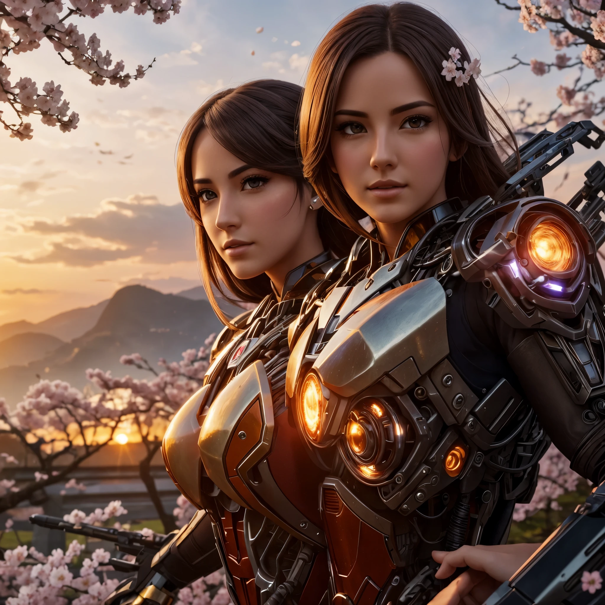 best quality,4k,8k,highres,masterpiece:1.2,ultra-detailed,realistic:1.37,A girl in a garden,beautiful detailed eyes,beautiful detailed lips,extremely detailed eyes and face,longeyelashes,(cybertron,sci-fi) background,heroic pose,cybernetic enhancements,mechanical wings,exquisite cherry blossom petals,blazing firebell pattern,moving gears and cogs,ethereal glow,warm sunset colors,anime-style,sharp focus,physically-based rendering,professional,vivid colors,bokeh