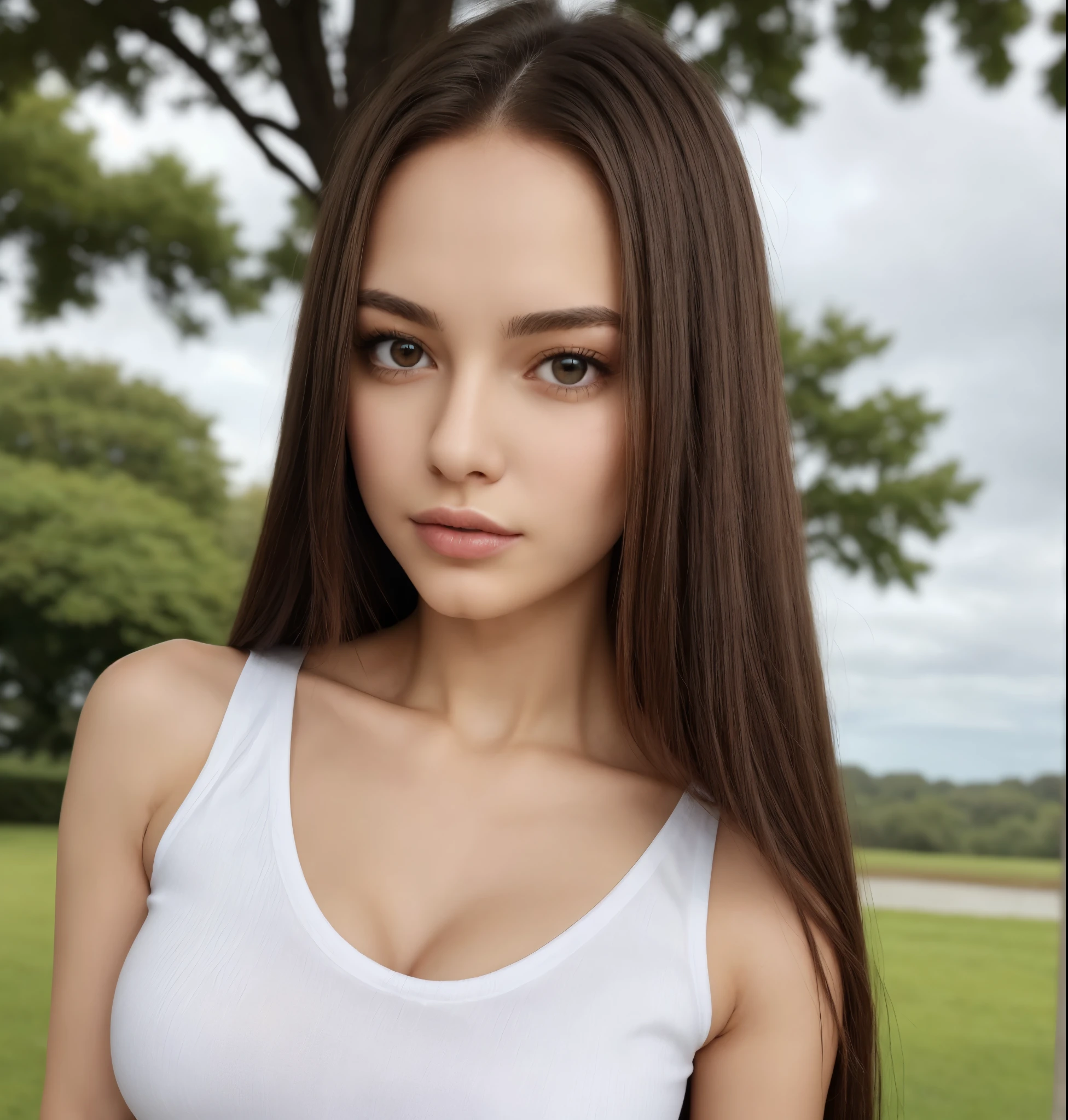 (Full Body Photo) 8k, FHD, ((Ultra Res)) (Real Face: 1.2), (Clear and Vivid Colors) (Real Skin Texture), (Masterpiece), (Best Quality), (Natural Skin, soft and pale), (long dark brown hair. (very light eyes). (Expressive eyes, tubular sleeveless shirt, miniskirt), cloudy and rainy day in the park, wet body, long hair、, (Pretty face), (Lips perfect). . (Defined body), (Perfect beauty), (Perfect nose), (Thin and clear eyebrows), (Beautiful and perfect (Subtle and sensual makeup), (Pale and soft skin. and soft..), ( beautiful model, ), (, (soft curves), slim face, straight hair: 1.5,