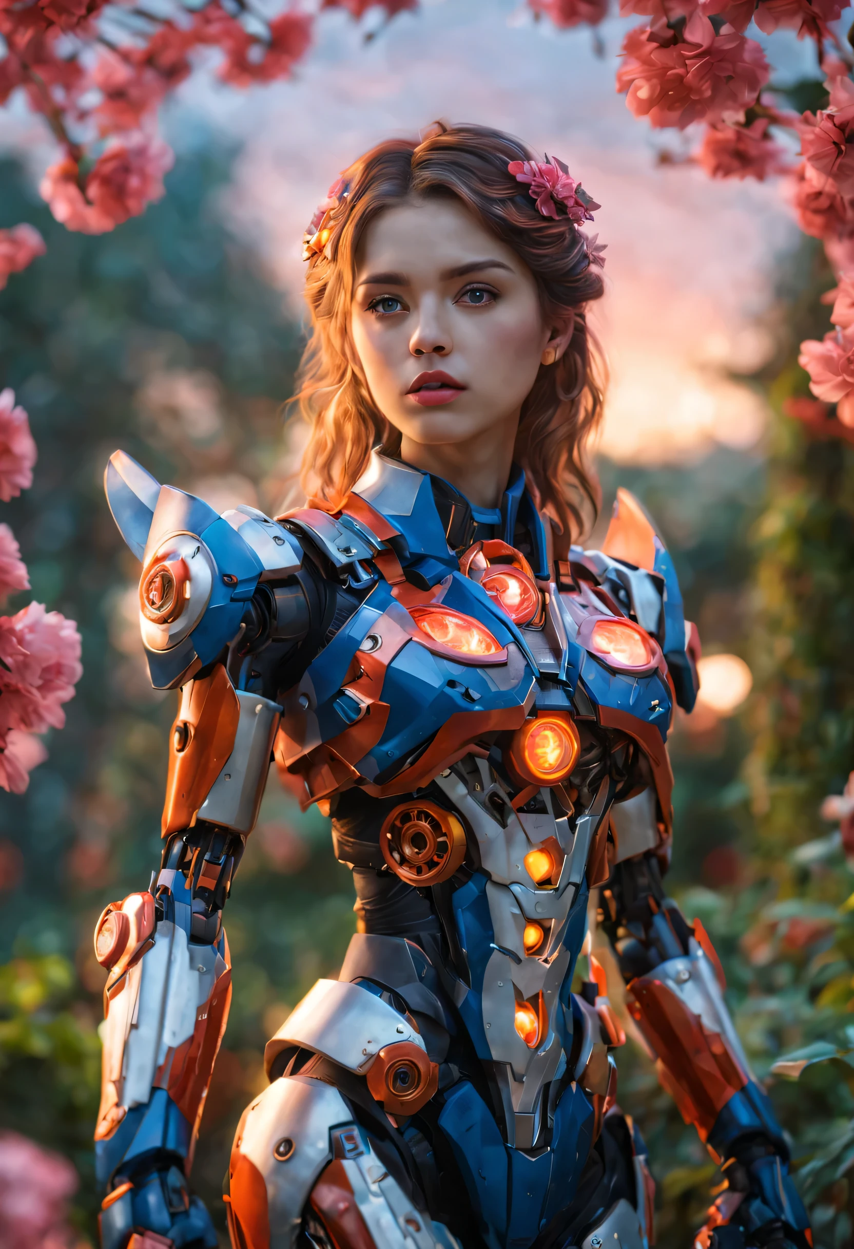 best quality,4k,8k,highres,masterpiece:1.2,ultra-detailed,realistic:1.37,A girl in a garden,beautiful detailed eyes,beautiful detailed lips,extremely detailed eyes and face,longeyelashes,(cybertron,sci-fi) background,heroic pose,cybernetic enhancements,mechanical wings,exquisite cherry blossom petals,blazing firebell pattern,moving gears and cogs,ethereal glow,warm sunset colors,anime-style,sharp focus,physically-based rendering,professional,vivid colors,bokeh