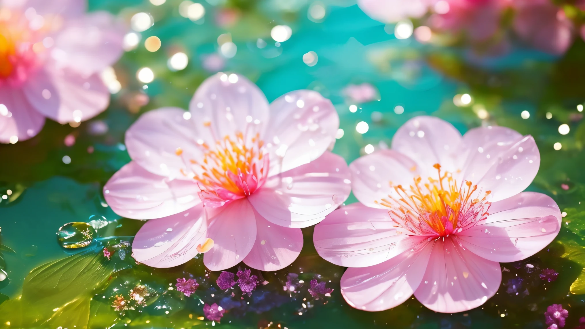 There are two pink flowers floating in a pond of water - SeaArt AI