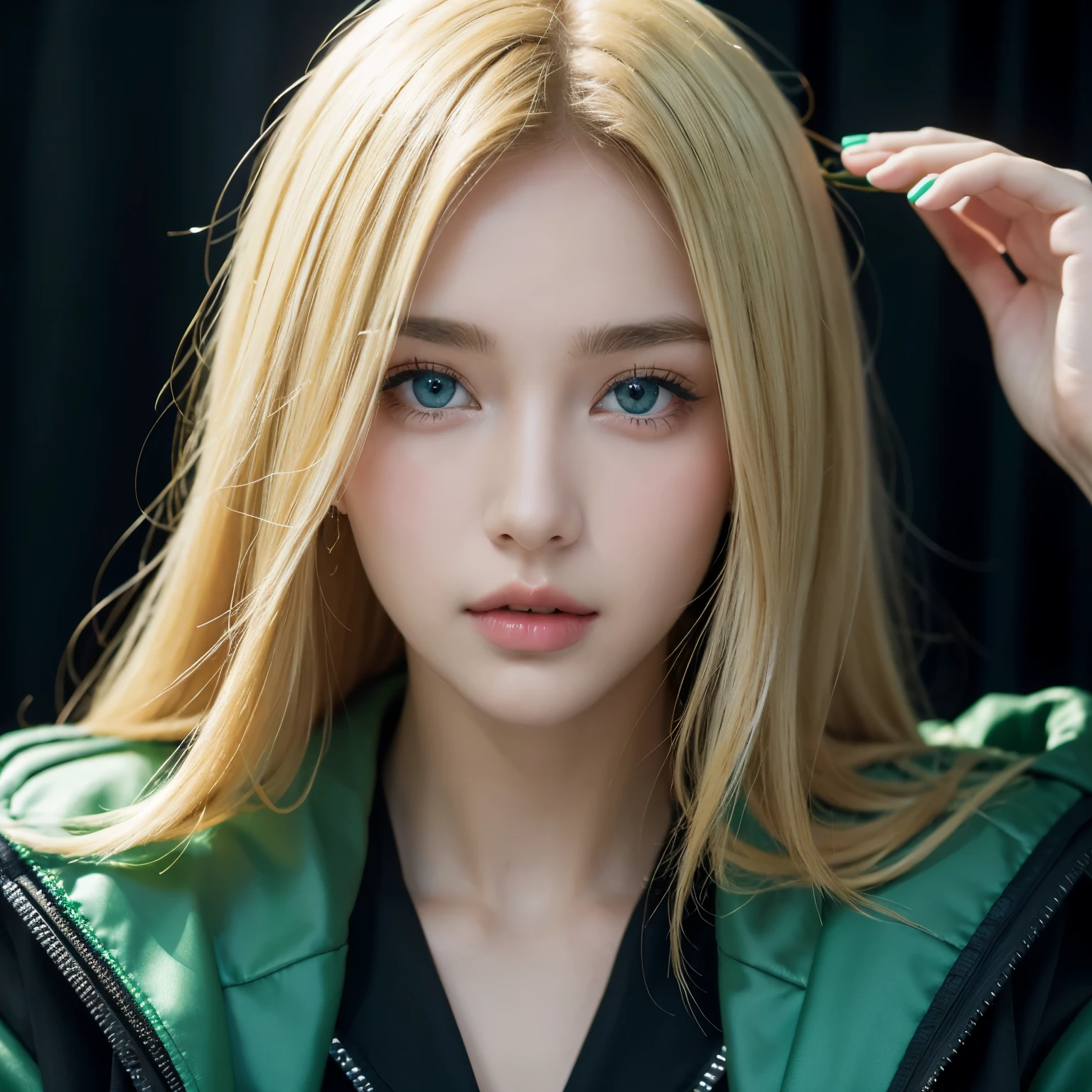 Beautiful teen girls blond hair bleu eyes and green make up,wearing black jacket